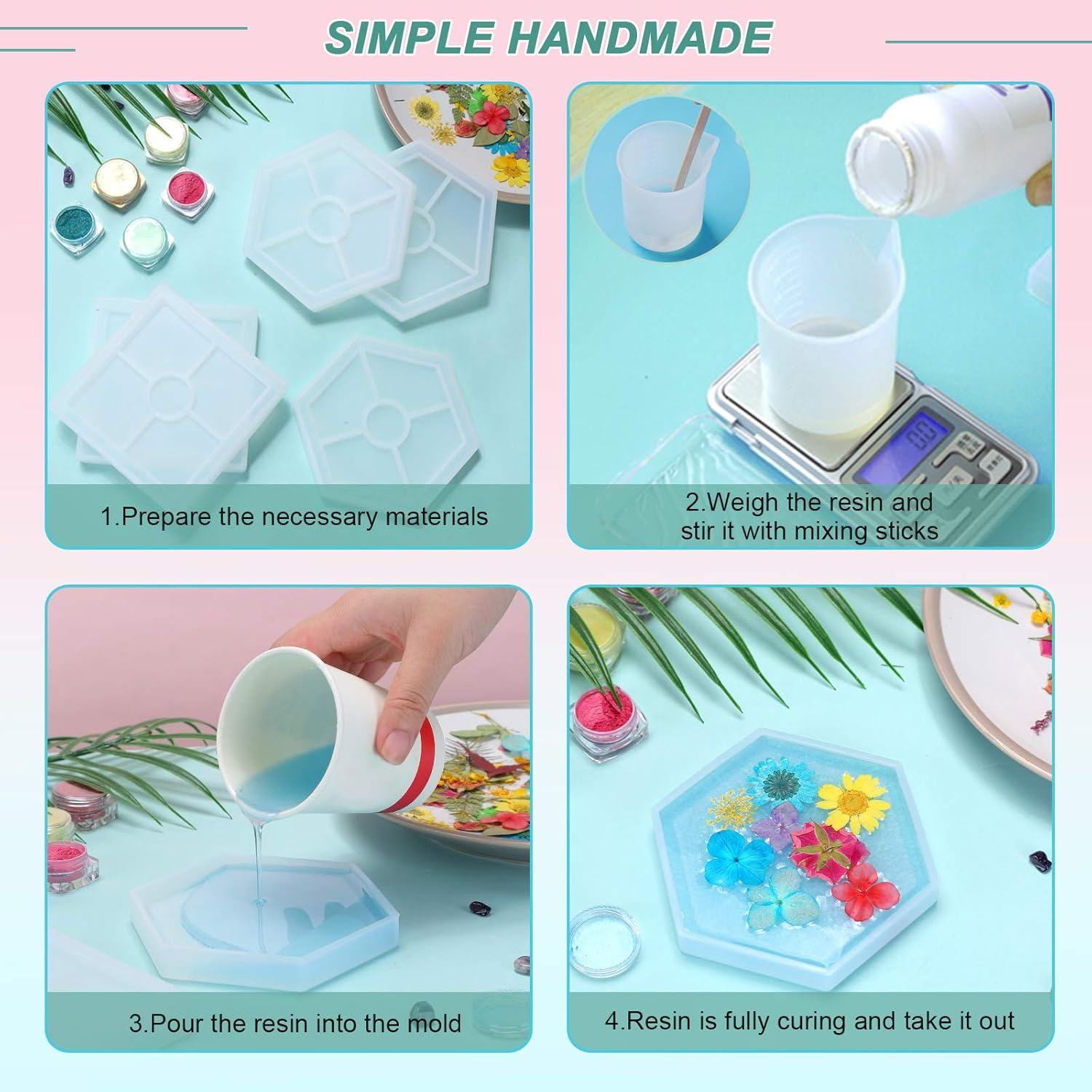 8Pcs Coaster Molds for Resin Casting, Resin Coaster Molds Including 4 Square and 4 Hexagon Epoxy Silicone Molds, Great for Making Coasters image number 5