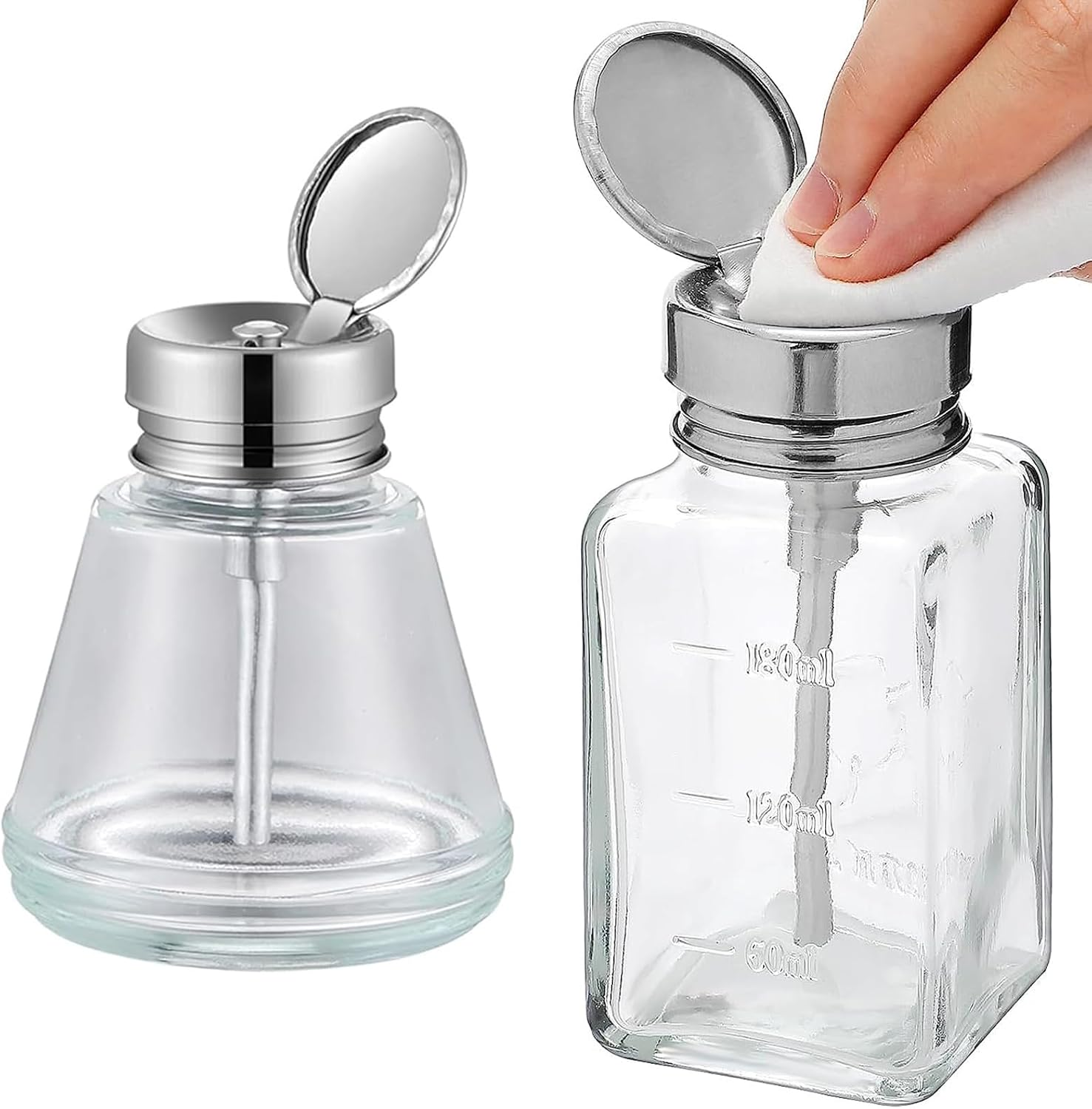 HEHIPLE 2 Pcs 6 Oz/ 180 Ml Clear Glass Pump Dispenser Bottle with Metal Flip Cover for Makeup Remover, Nail Polish Remover, Lotions, Soaps, Shampoos - Reusable, Leak-Resistant, Modern, Chrome Finish