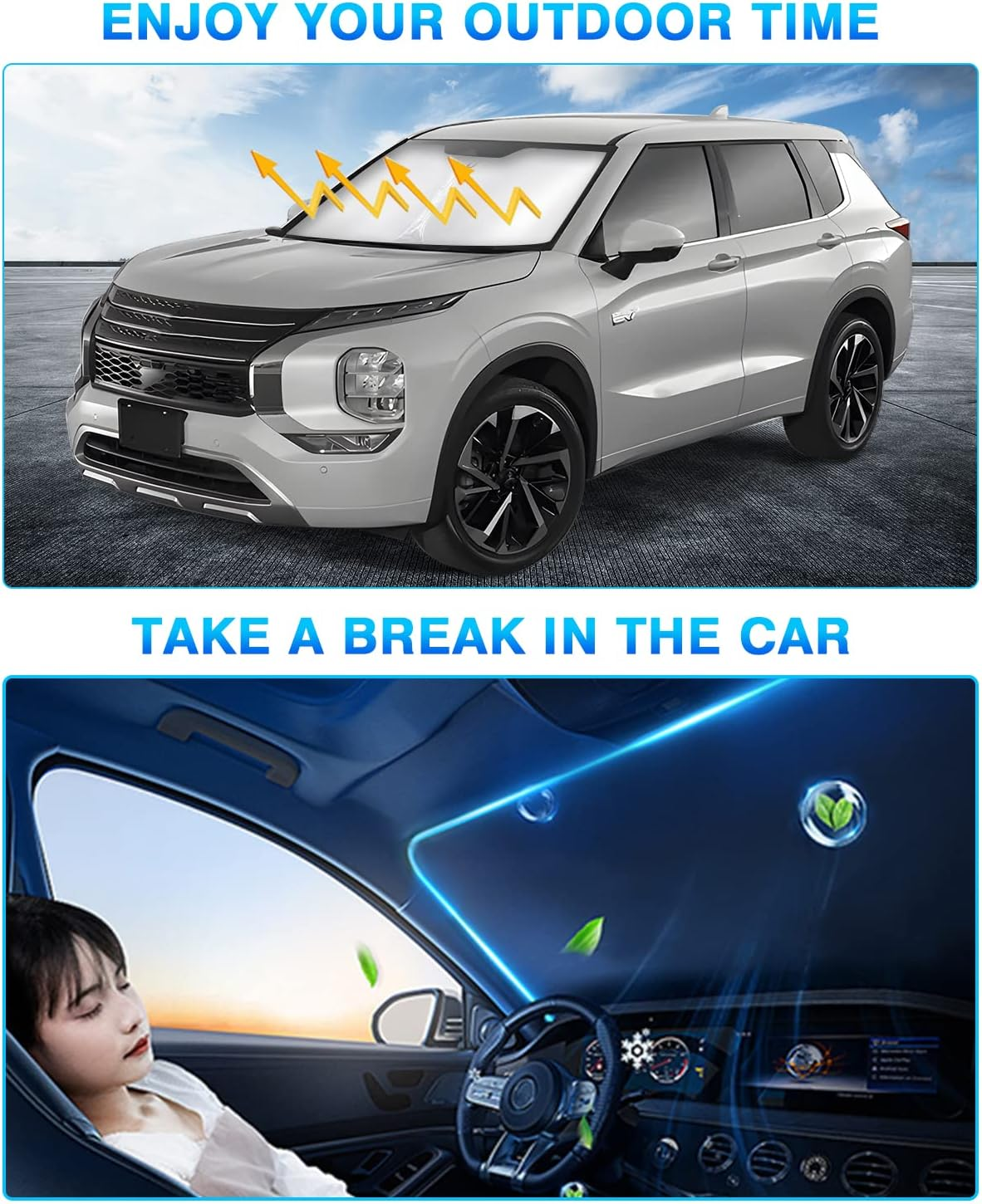 KUST Windshield Sun Shade for Mitsubishi Outlander 2022 2023 2024 Window Shade Sun Visor Cover Foldable Blocks UV Rays Keep Your Car Cooler, Black,Silver image number 2