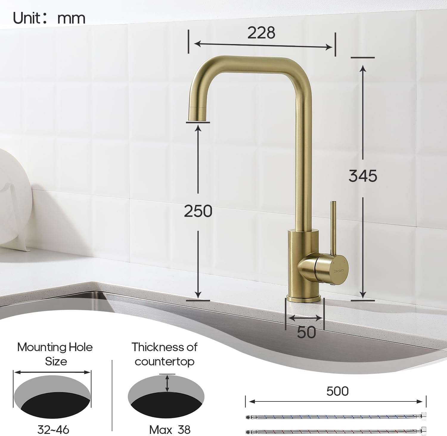 Decaura L-Spout Kitchen Mixer Tap Lead-Free Sink Faucet 360 Swivel Laundry Basin Taps (&lrm;Brushed Gold) - Brushed Nickel image number 5