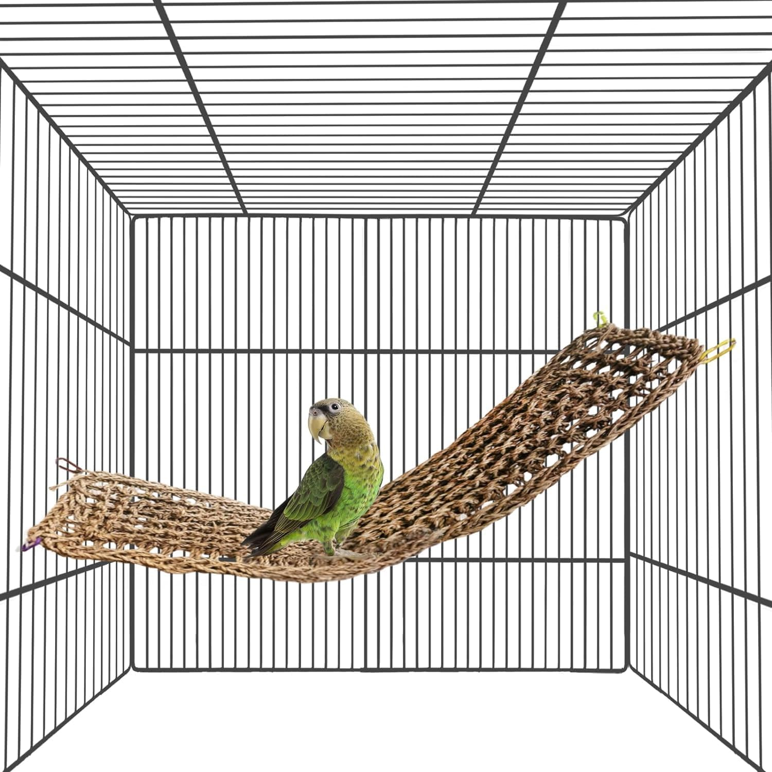 Bird Seagrass Mat,Natural Grass Woven Net Hammock Hanging on Parrot Cage with 4 Hooks,Parakeet Climbing Rope Ladder Chew Toys for Lovebird Cockatiel Conure Budgie,Cockatoo Supplies 29.5" X 7" image number 6