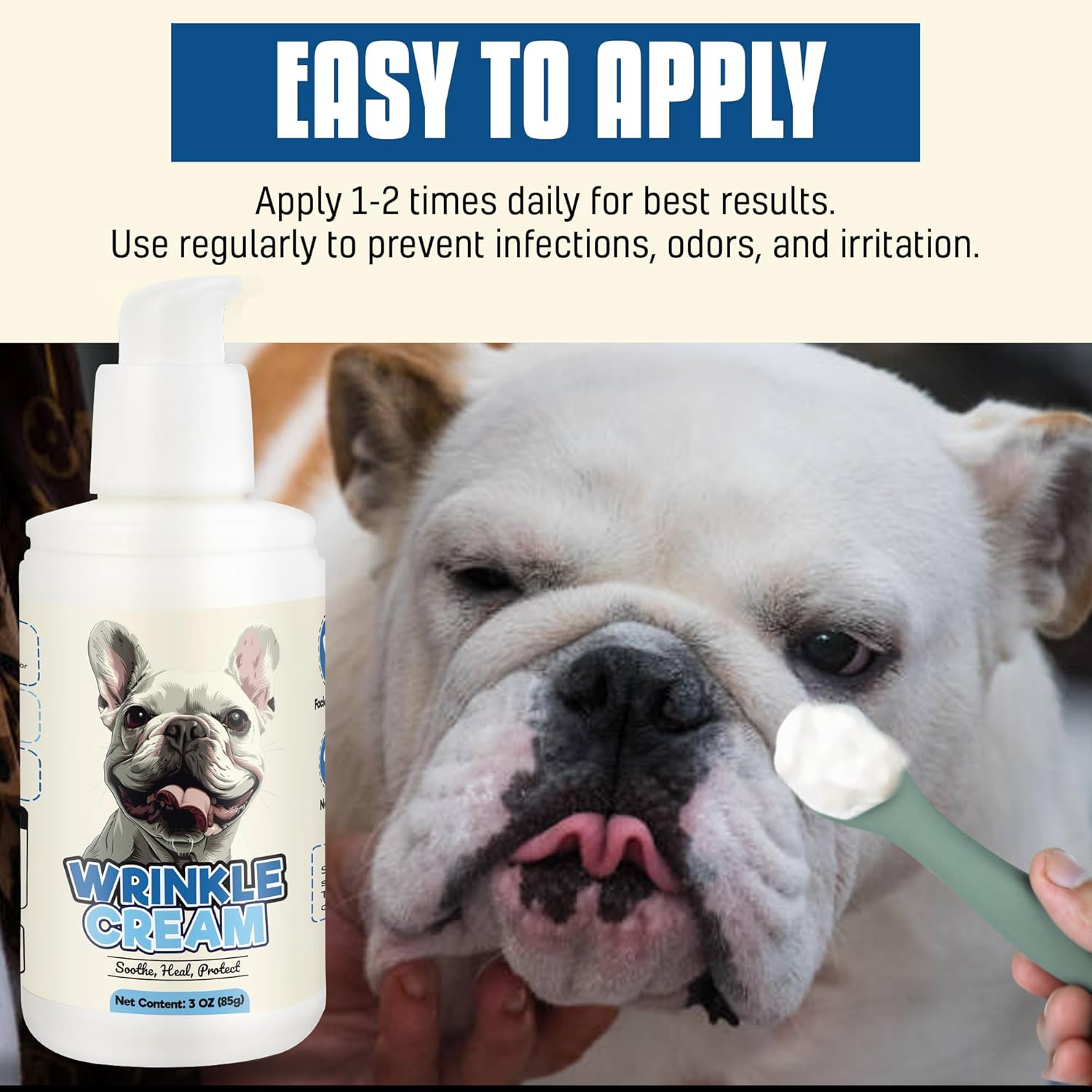 Wrinkle Paste for Bulldogs - 85G Dog Wrinkle Cream for French Bulldogs, Wrinkly Dogs & Cats - Clean and Protect Wrinkles and Folds,& anti Itch for Bulldogs - Dog Allergy Relief and Hot Spot Treatment for Dogs Cats, Silicone Applicator Included. image number 1