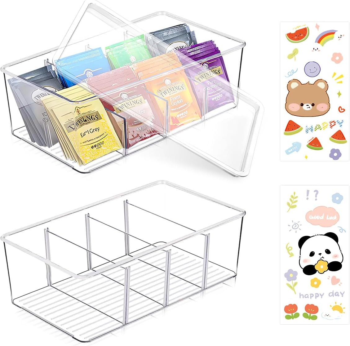 2 Pcs Plastic Tea Box, Clear Lid Tea Bag Storage with 4 Drawers and 2 Stickers, Easy Access Tea Bag Organizer with Compartments, Coffee Storage for Tea Bags Sugar Sachets image number 1