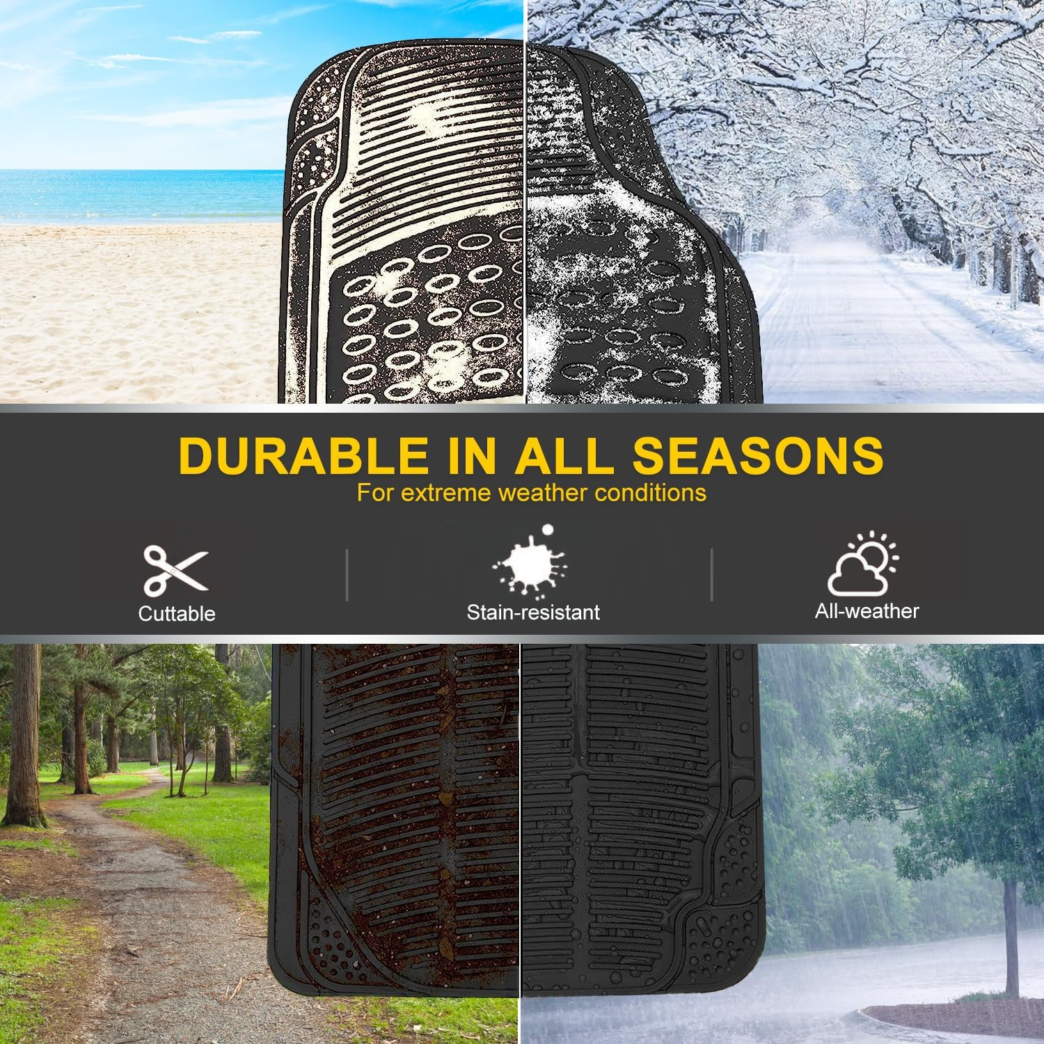 Automotive Floor Mats，4 PCS Heavy Duty Car Mats, Universal Car Mats Rubber Fit Full Set, All Weather Climaproof & Trimmable Rubber Floor Mats for Most Sedan, SUV, Truck image number 1