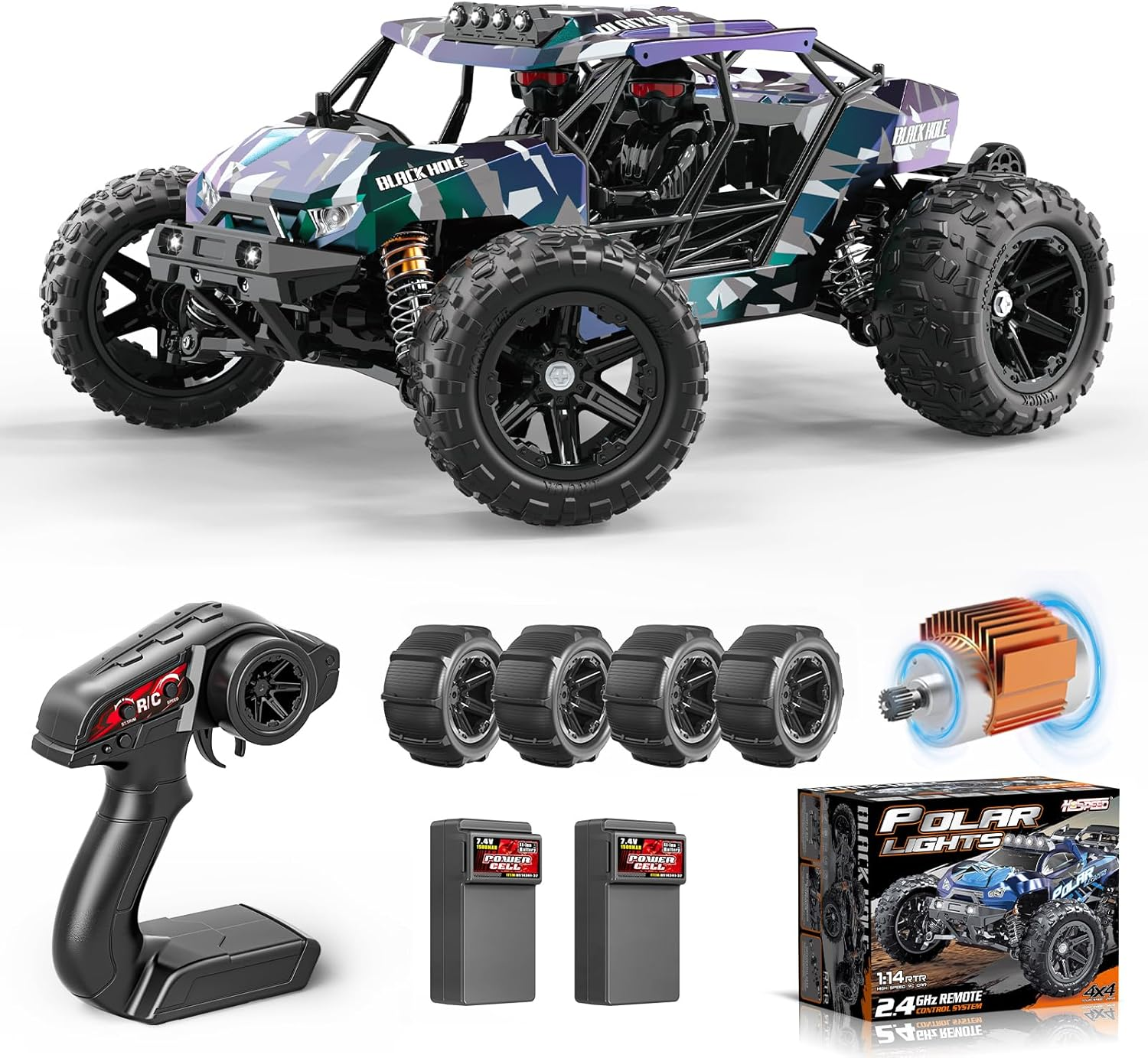 RC Cars for Adults & Boys, 1:14 Desert 4WD Off-Road RC Truck High Speed 40 Km/H, 4X4 Remote Control Car with 2 Rechargeable 1300Mah Batteries and 2 Sets of Tires image number 5