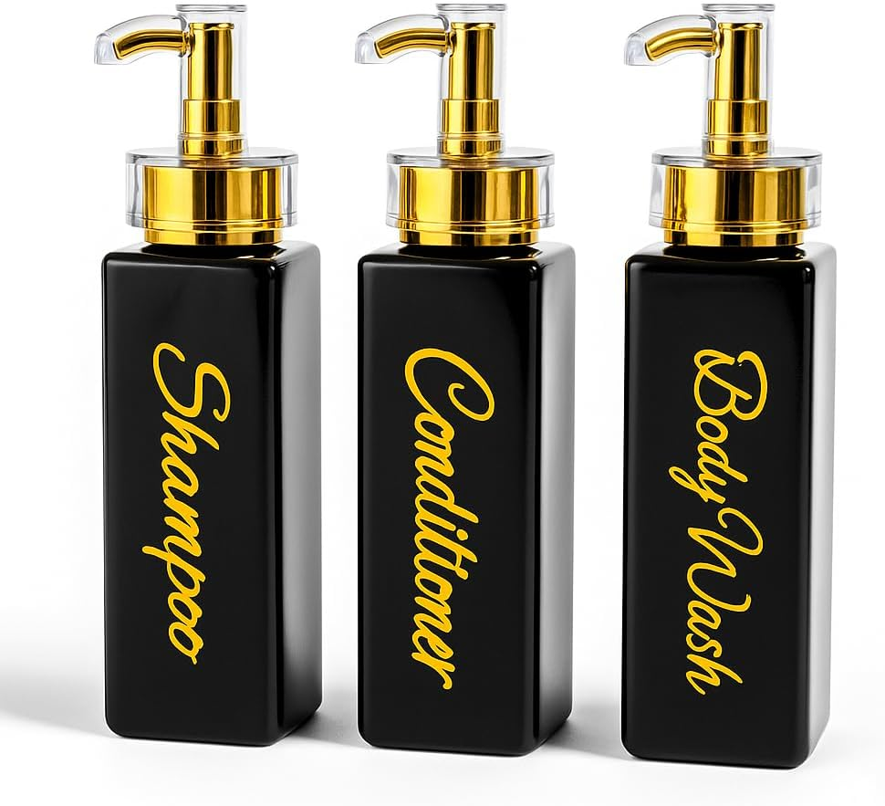 Umadeus Shampoo and Conditioner Dispenser - Essentials Toiletry Bottles - Shower Refillable Shampoo and Body Wash Soap Pump Bottle &ndash; 3X 27Oz Containers - White All Gold 1 Square