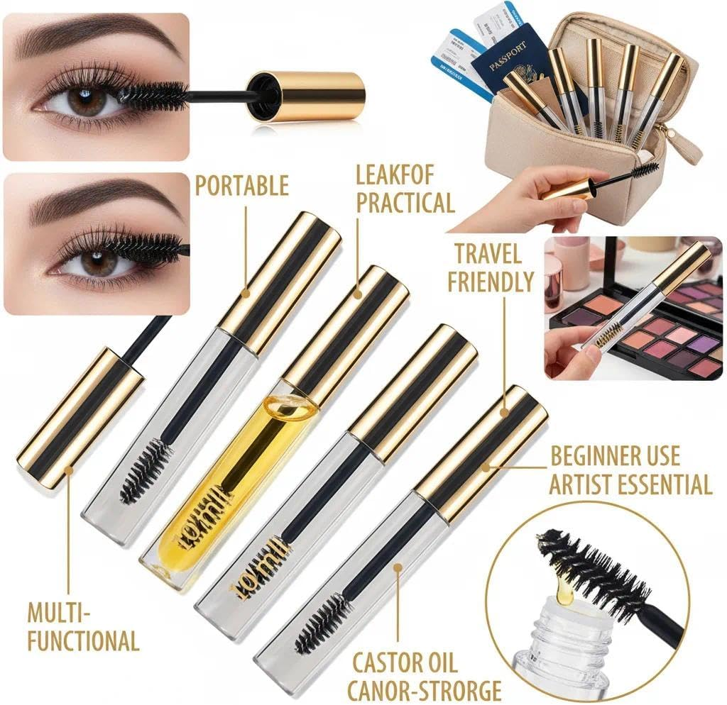 5 Pack Empty Mascara Tube and Wand Set（10 Ml）, Gold Color, Refillable Cosmetic Containers, Eyelash Brush and Spoolie for Castor Oil, Compatible with Popular Models - Fengea