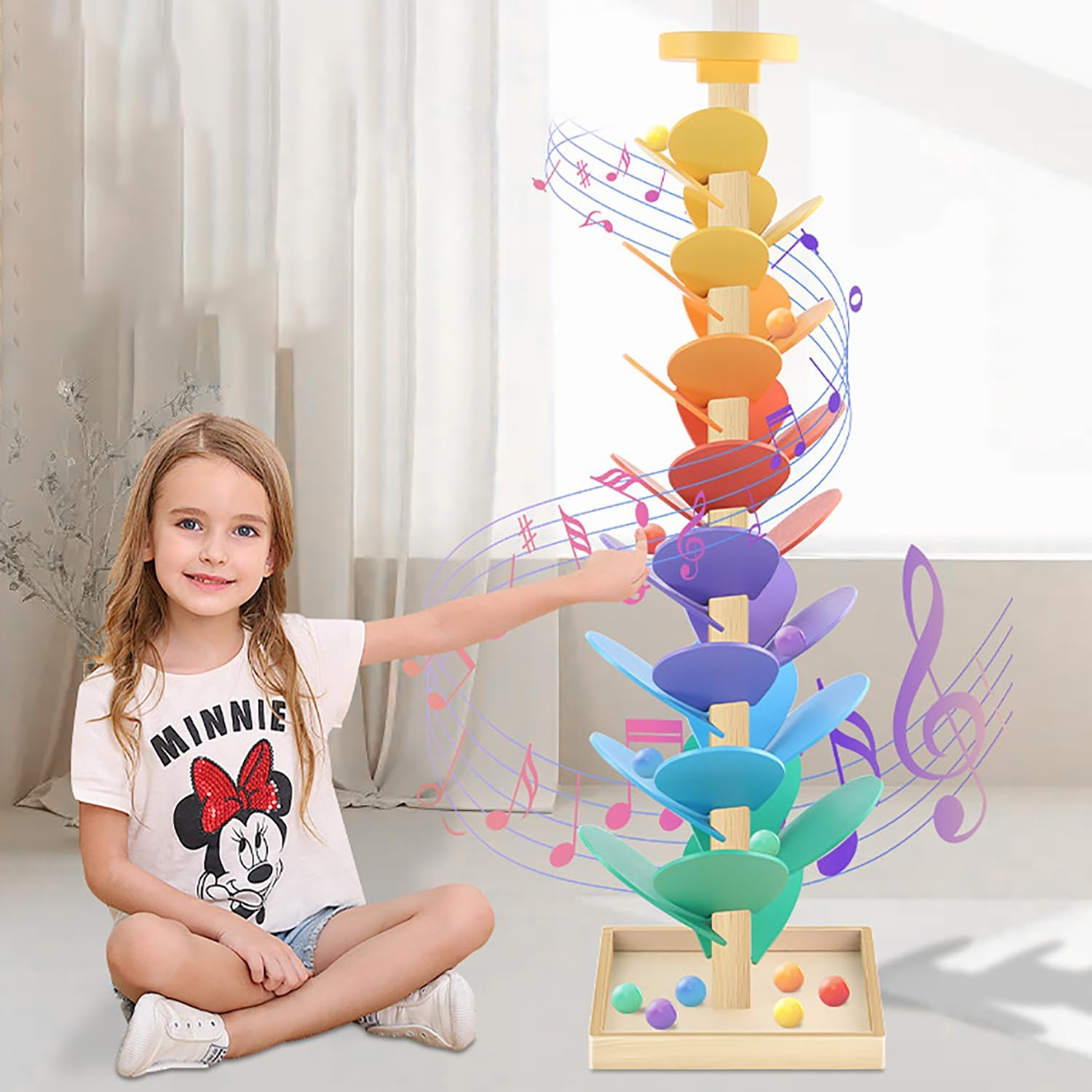 Wood Color Sorting Toys Wooden Marble Run Music Tree Montessori Toys for Kids 3+ Years Old Marble Ball Run Learning Game (Color) image number 1