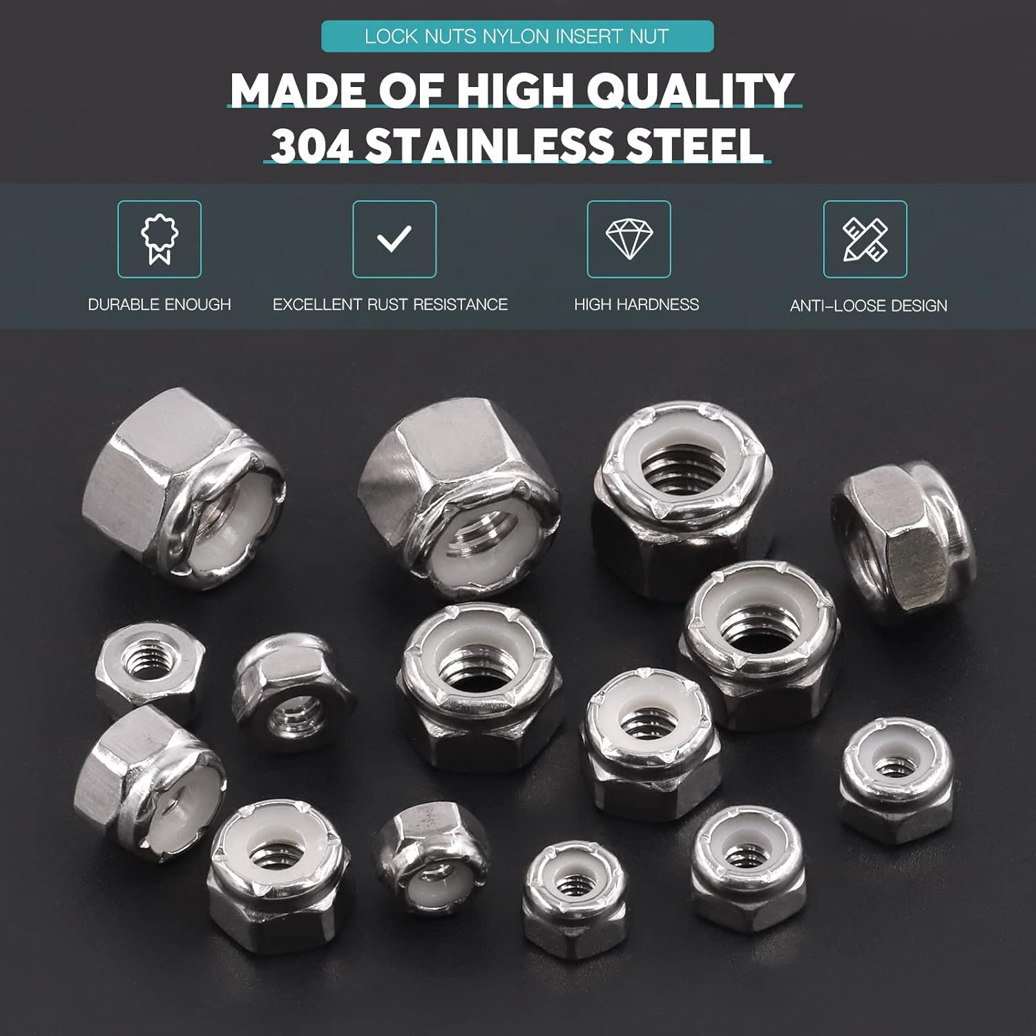 120Pcs 1/4-20 5/16-18 3/8-16 8-32 10-24 Hex Lock Nuts Nylon Inserted Hex Locknuts Fasteners 304 Stainless Steel Assortment Kit image number 6