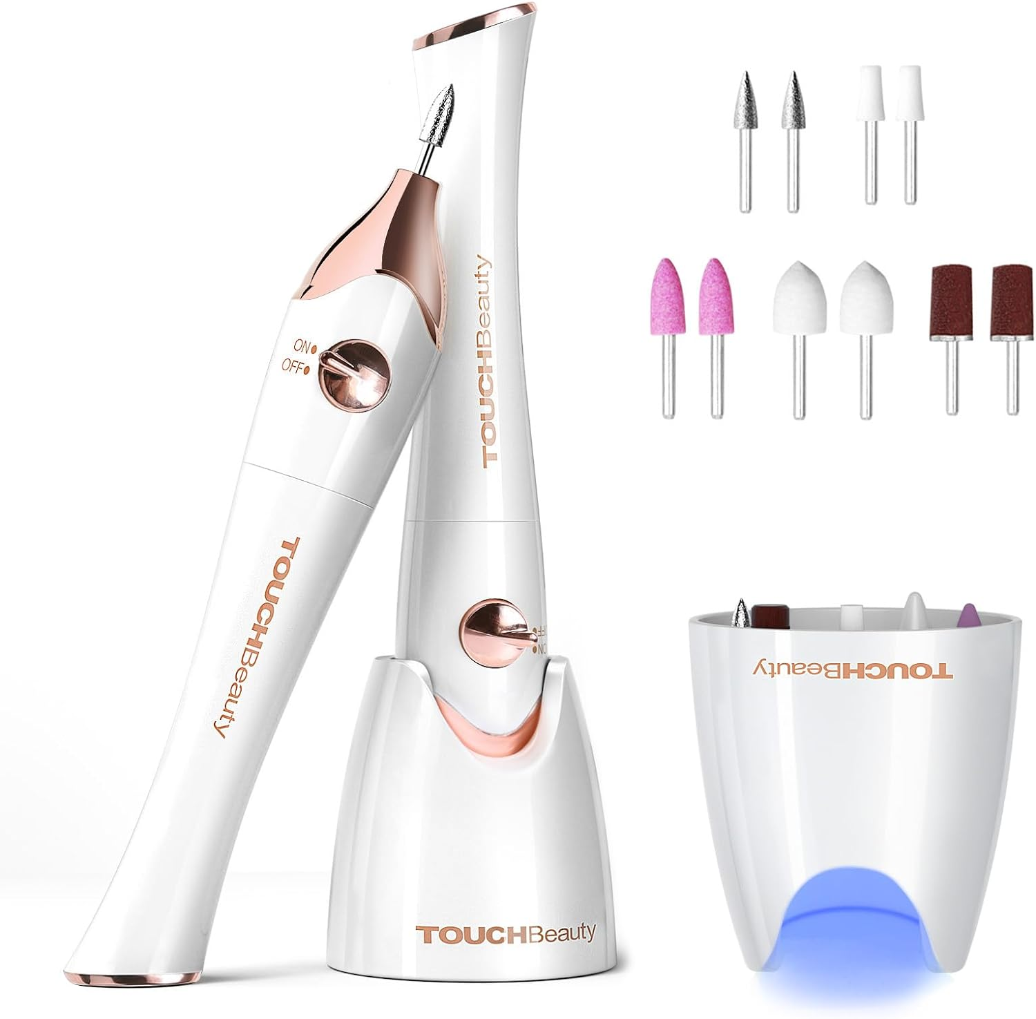 Touchbeauty Electric Nail Cutter, 5-In-1 Electric Nail File Wireless Manicure Pedicure Set with Holder and UV LED Nail Dryer for Home and Salon AG-1335C (Gold)