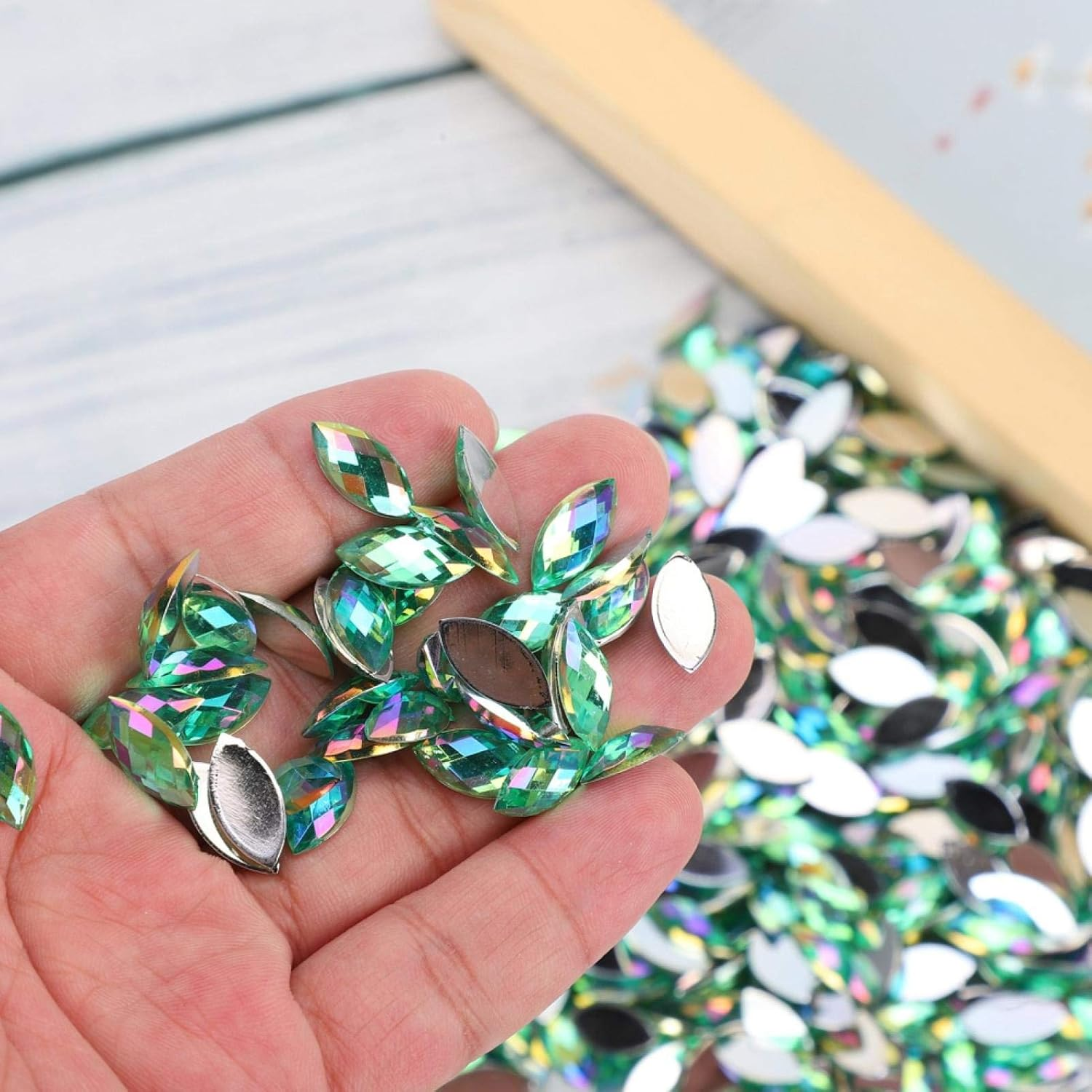 Pack of 500 Shiny AB Rhinestones Flat Back Horse Eye Crystal Rhinestone Light Green Gemstones Decorations for DIY Accessories 7 X 15 Mm image number 1