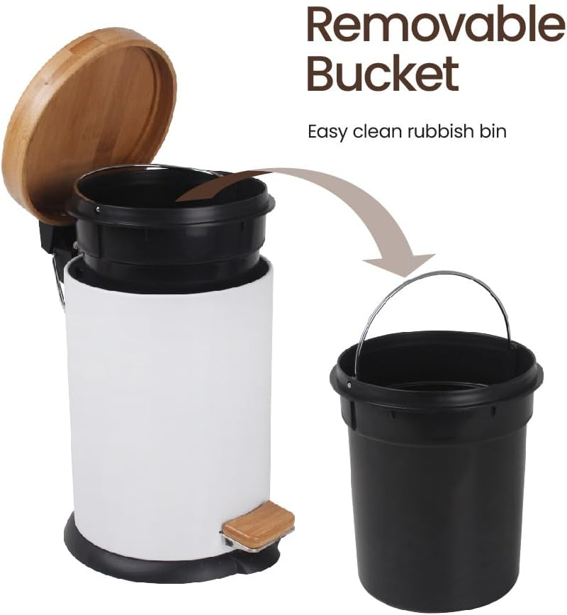 Eco Basics Rubbish Bin, White, 5 L &ndash; 100% Recycled Plastic, Bamboo & Powder-Coated Chrome, Rust-Resistant, Non-Skid Base, Soft-Close Mechanism, Compact for Bathrooms & Toilets, 28.5 X 21.5 Cm image number 3