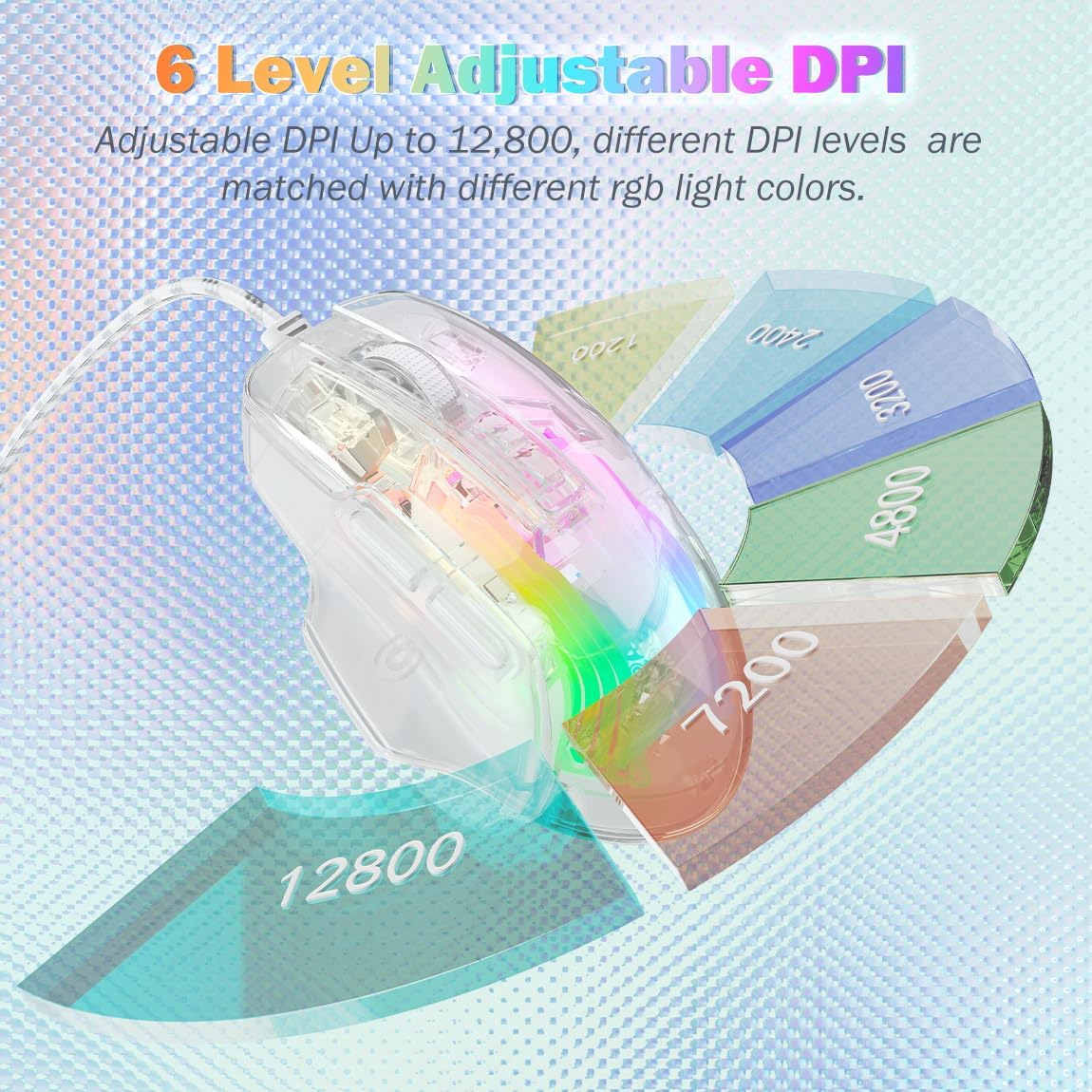 Transparent Wired PC Mouse, Customizable RGB Backlit, USB Optical Office Mice with Side Button, Adjustable DPI up To12800 High Precision, Comfortable Grip for Computer/Laptop/Mac image number 4