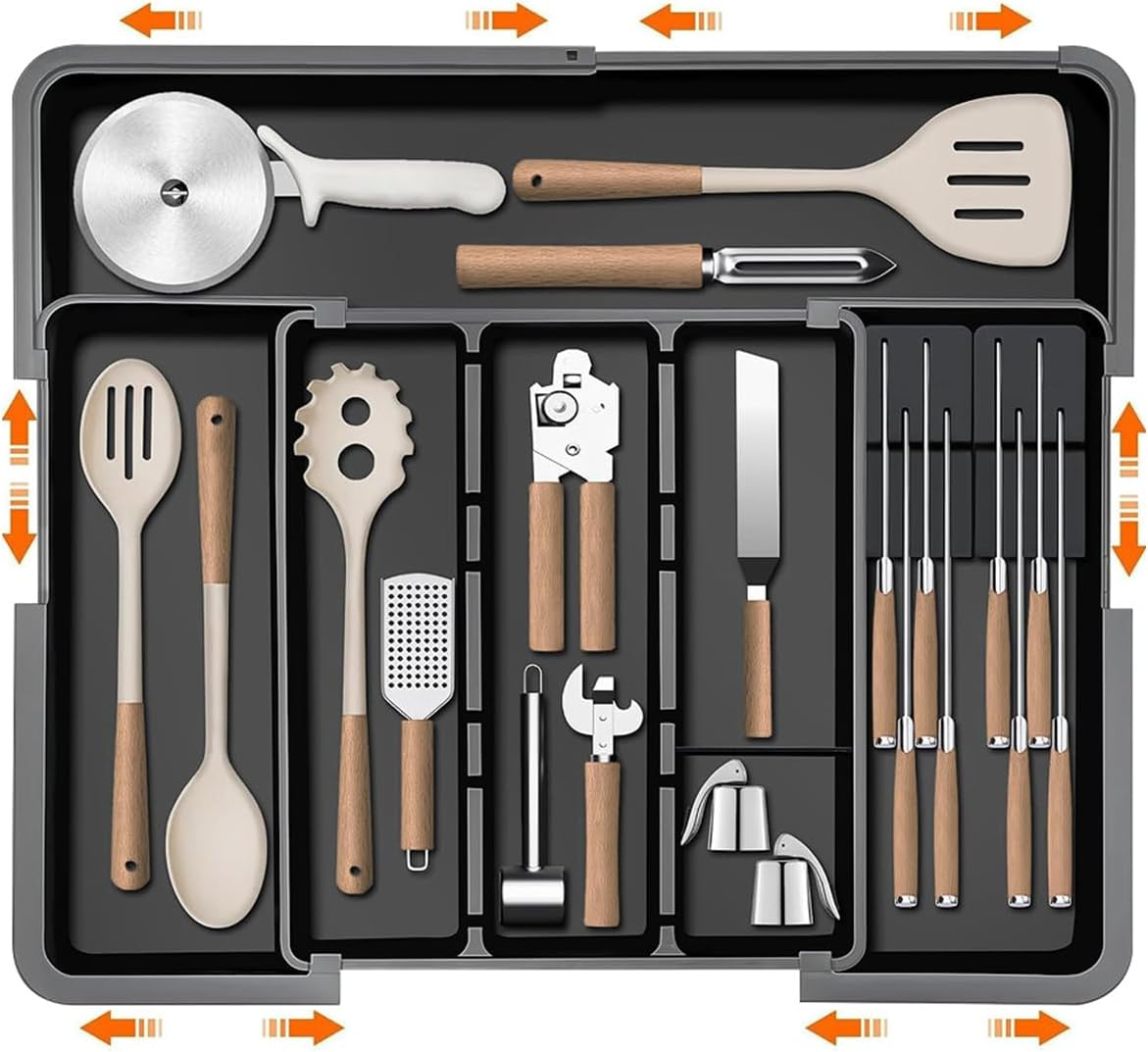 Cutlery Drawer Organiser with 4-Sided Expandable, Cutlery Organiser 6 Compartment, Movable Knife Organizers for Kitchen and Cutlery Tray,Forks, Knives and Gadgets image number 1