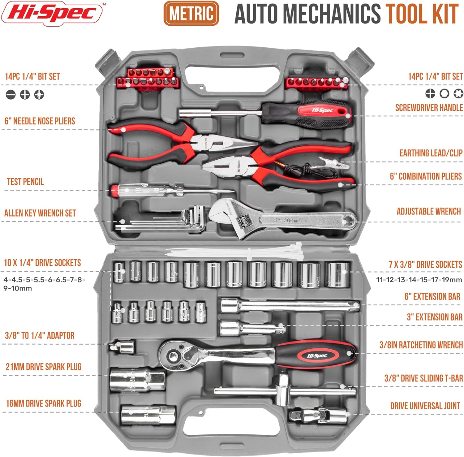 Hi-Spec 67Pc Metric Auto Mechanic Tool Set, Motorcycle & Car Toolkit, Auto Repair Toolset with Pliers, Screwdriver Set, Socket Kit & Tool Box Storage Case for Cars, Trucks, Boats Rvs & Jeeps image number 6