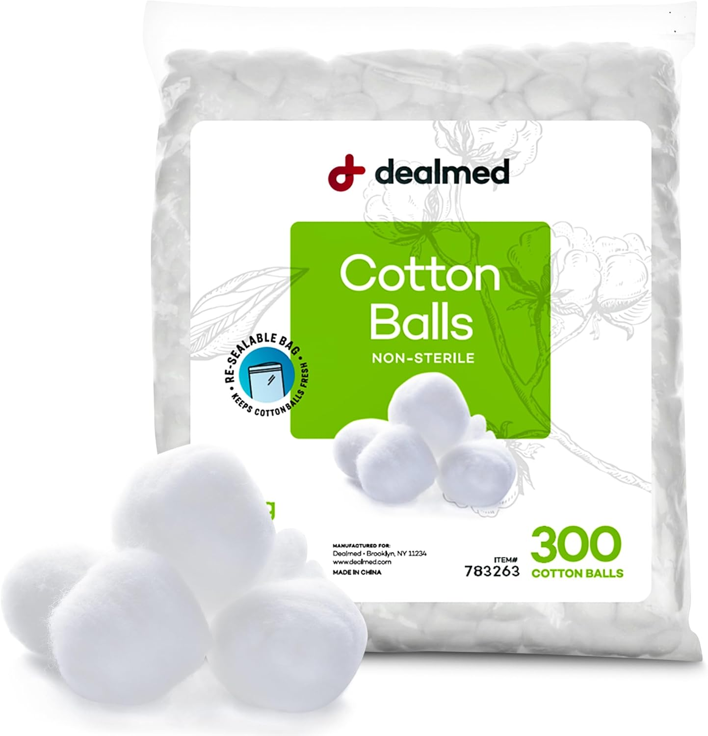 Dealmed 300 Ct. Cotton Balls for Face, Makeup, Medical Uses, & DIY Crafts | Non-Sterile Bulk Pack | Resealable Zip-Locked Bag | 100% Pure Cotton, Soft, Absorbent, Gentle (Case of 24) image number 6