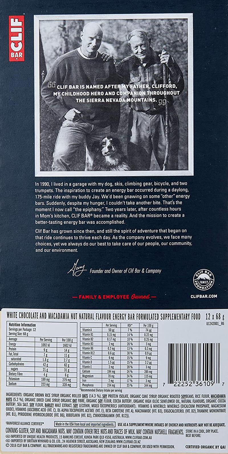 CLIF BAR - White Chocolate Macadamia Nut Flavour - Made with Organic Oats - Non-Gmo - Plant Based - Energy Bars - 68G. (12 Pack) image number 4