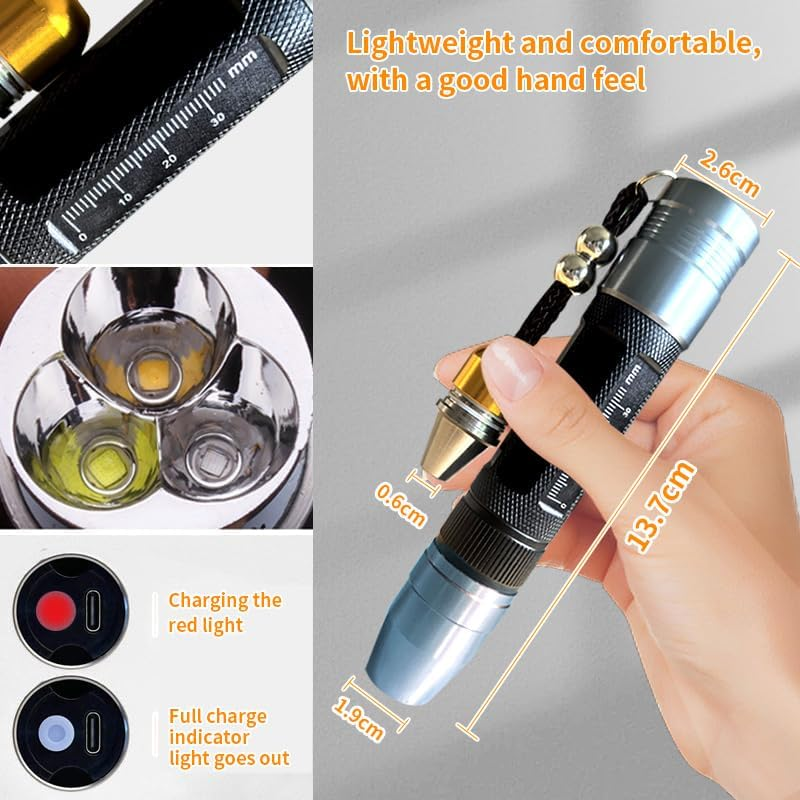YZYOE LED Rechargeable Three Light Source Jade and Jewellery Rating Torch, 365 NM Ultraviolet Gemstone Jade Beeswax Detector, White, Yellow and 365 Purple Light Torch image number 2