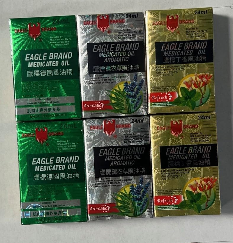 Bundle of 6 Count Eagle Brand Medicated Oil 24 Ml 2X Green + 2 X White Aromatic + 2 Yellow Refresh