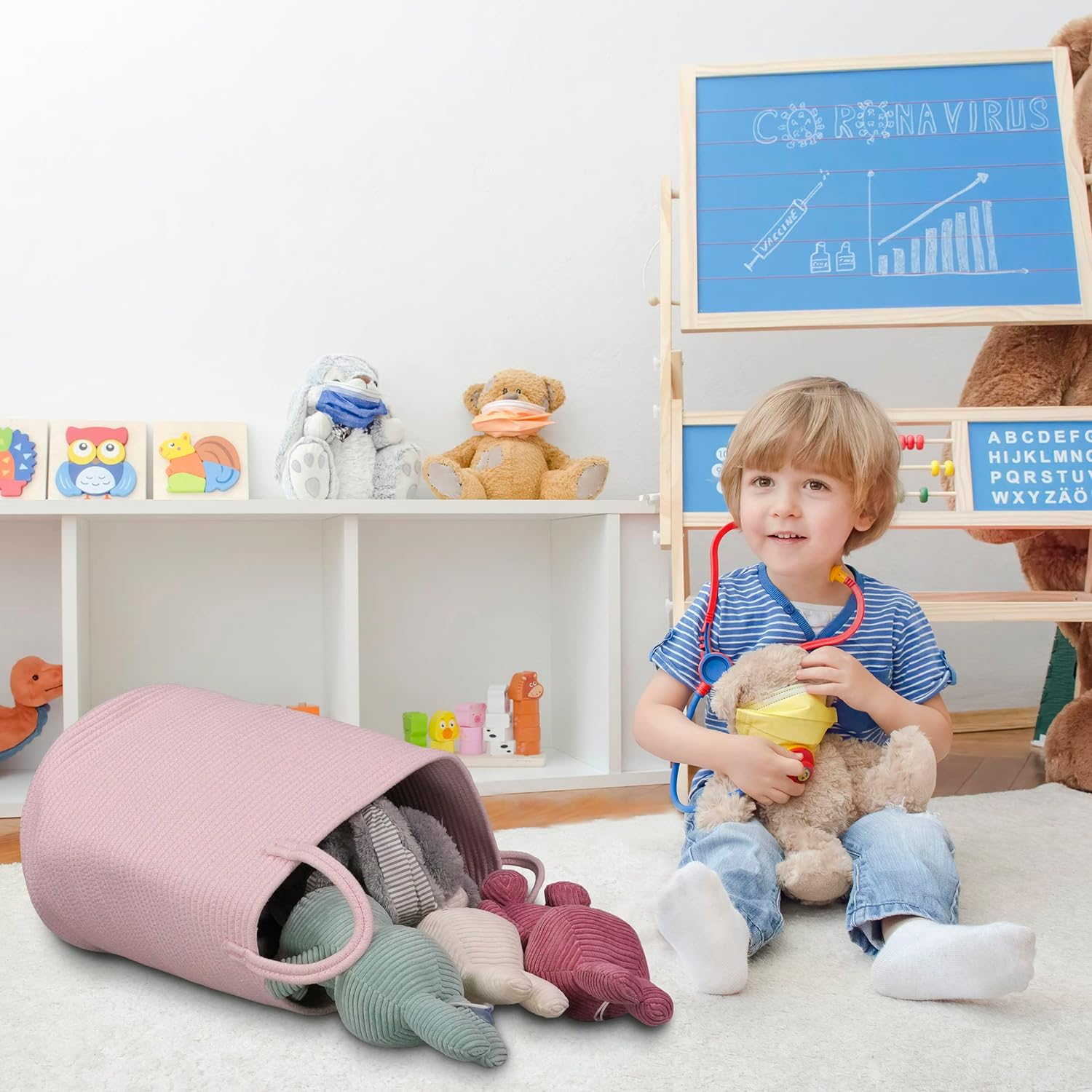 XUANGUO Cotton Rope Laundry Basket Hamper for Girls Kids Baby Nursery Hamper Bin Woven Storage Basket for Living Room Girls Room Boho Tall Rope Baskets for Blanket Toys Large Light Pink - Black image number 4