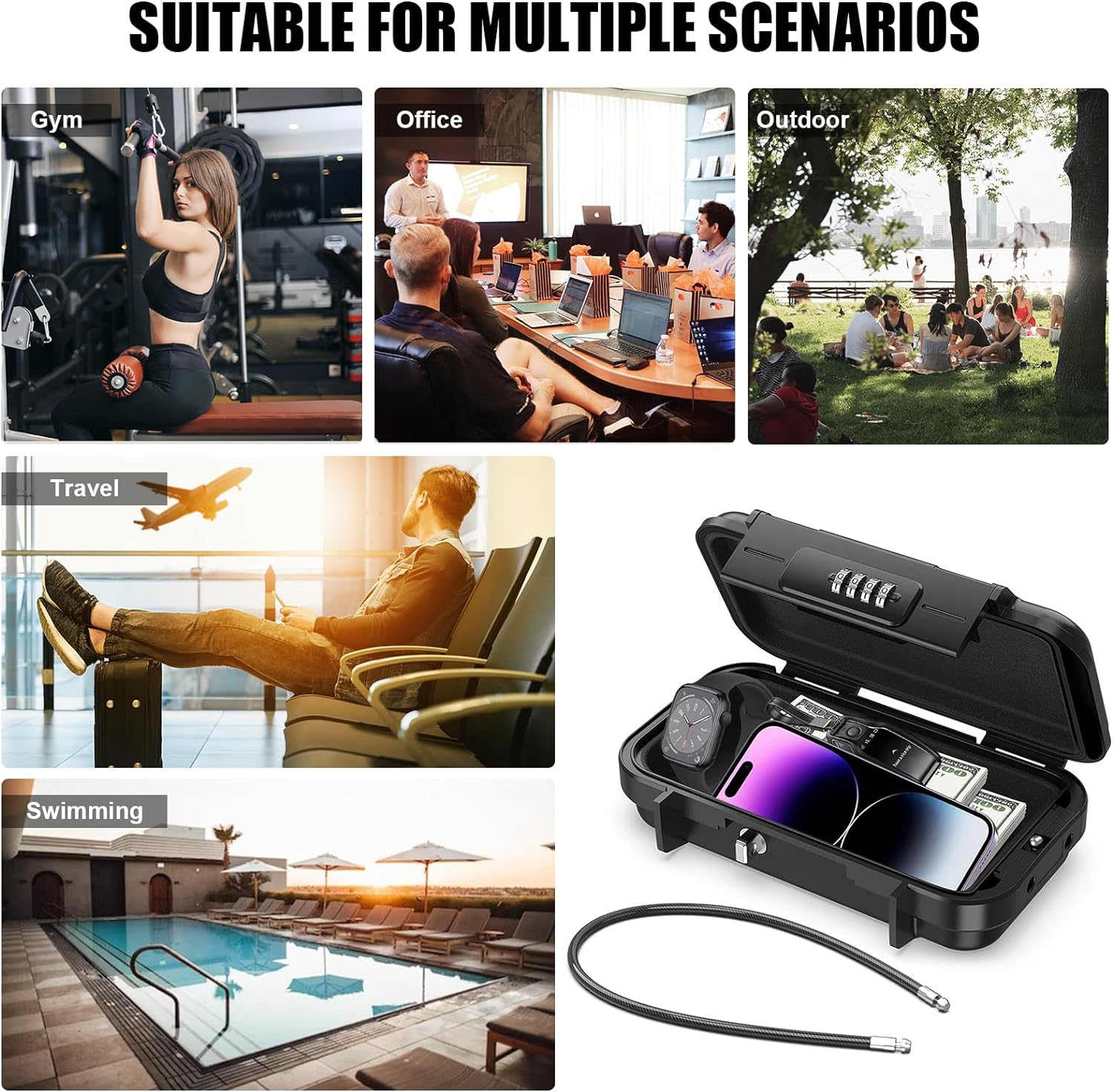 Diyife Outdoor Portable Safe Box, [Waterproof] 4-Digit Security Combination Lock Case, Shockproof Travel Safe, Lock Box with Removable Wire Rope for Hotels, Travel, Sports, Cabinet, Office, Vacation image number 3