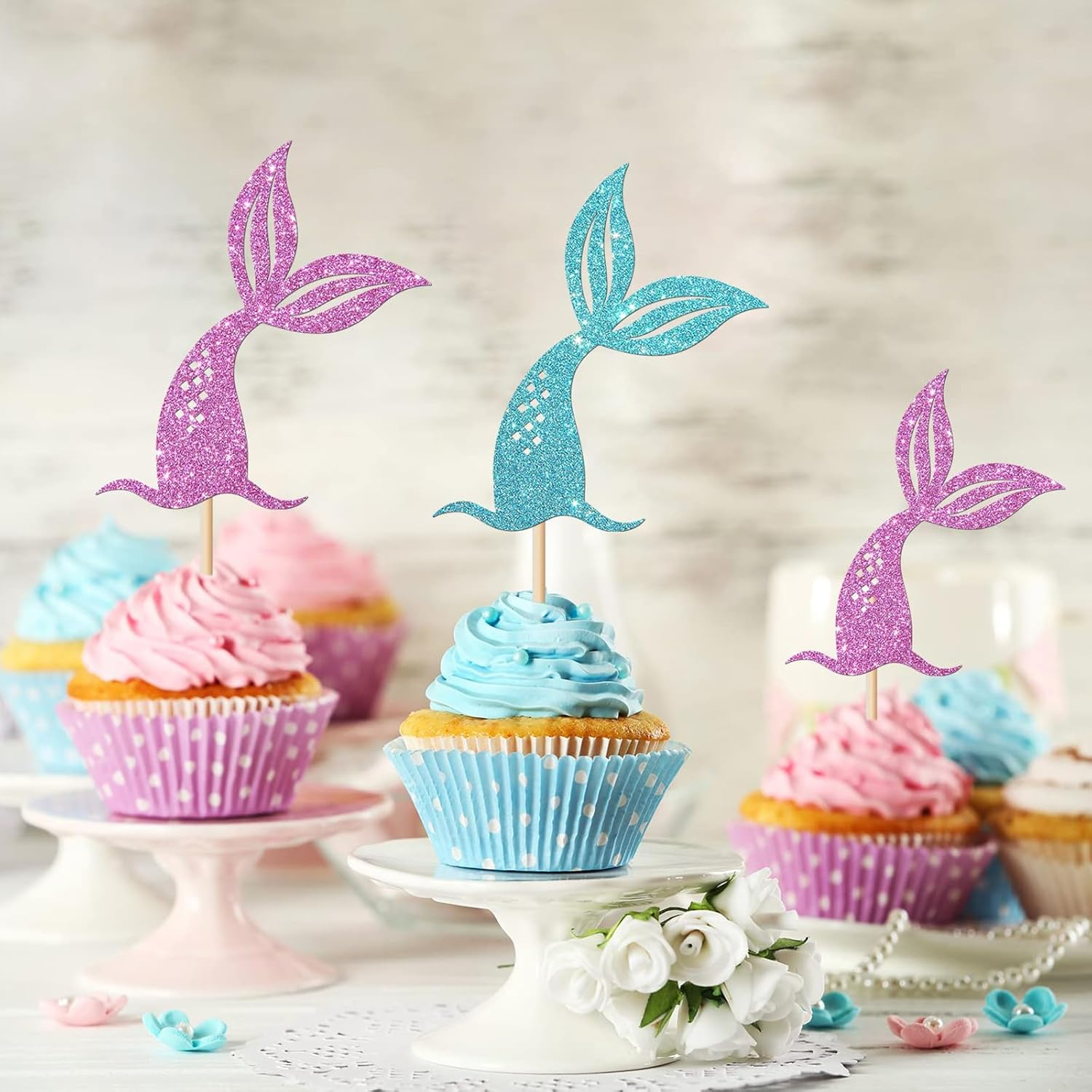 24Pcs Mermaid Tails Cupcake Toppers Glitter Pink & Blue Mermaid Tails Cupcake Picks Baby Shower Kids Birthday Mermaid Themed Party Cake Decorations Supplies