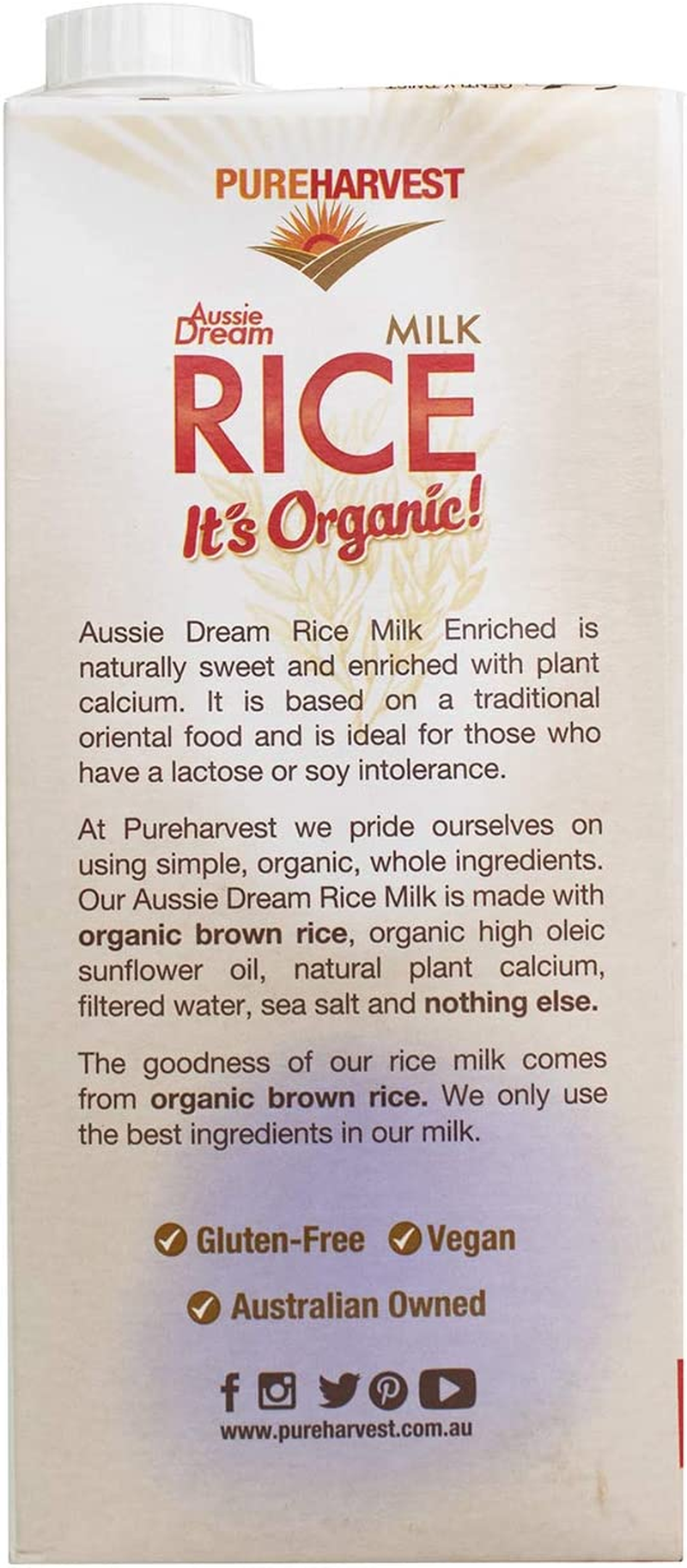 Pure Harvest Aussie Dream Organic Unsweeetened Rice Milk 1 Litre