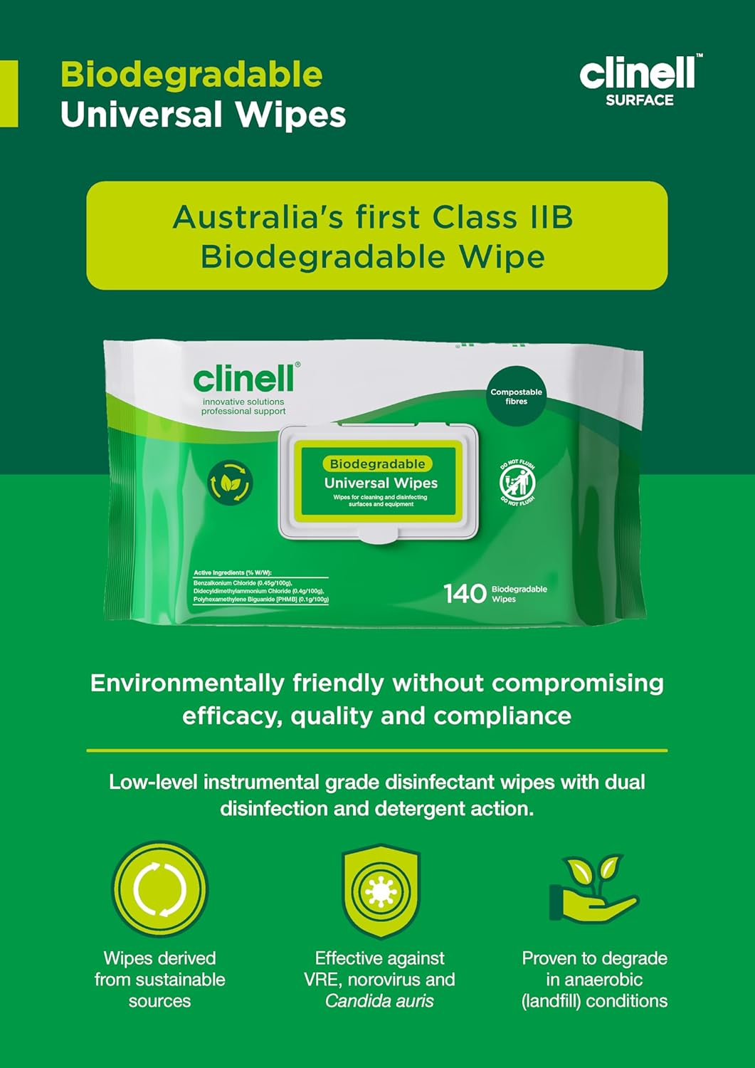 Clinell Biodegradable Universal Wipes - Pack of 140 image number 2