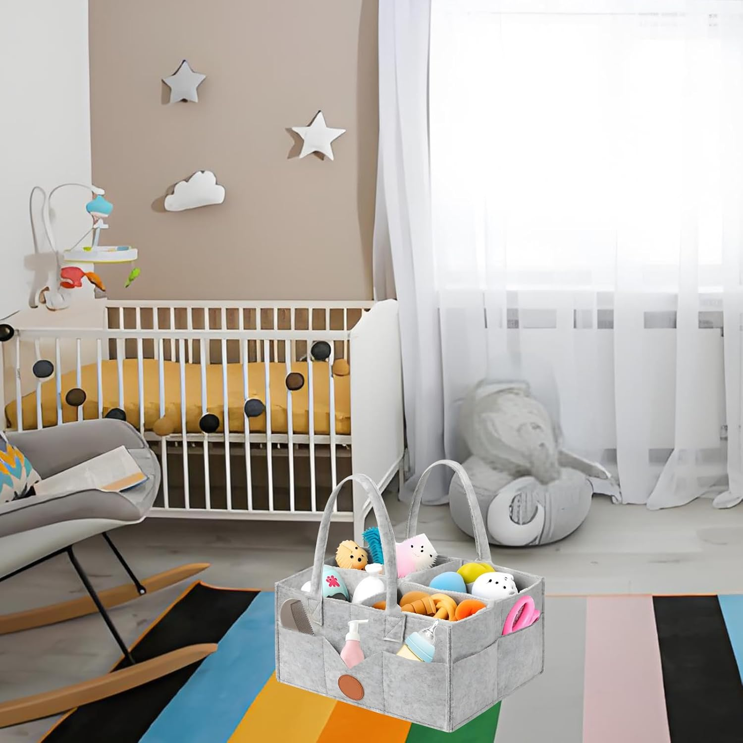 Jotia Modern Gray Diaper Caddy Organizer, Felt Cloth Nursery Storage Bin and Car Organizer, Baby Storage Basket for Diapers and Baby Wipes, Changing Table Organizer for Indoor Outdoor image number 5