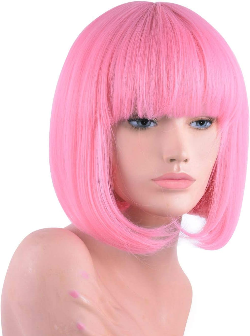 Pink Colored Short Bob Wig with Bangs for Women 12'' Straight Synthetic Wigs Halloween Custume Cosplay Party Wig image number 4