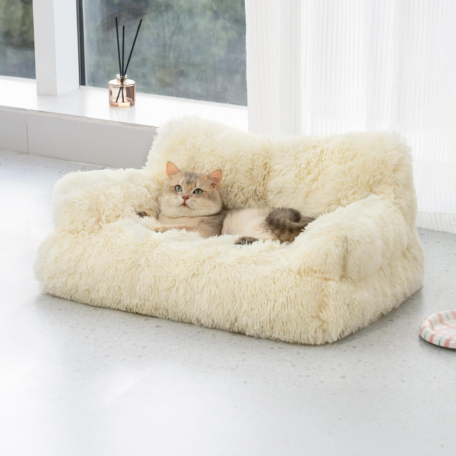 Mewoo Pet Bed for Cats & Small Dogs, Washable Puppy Sleeping Bed Cat Couch Pet Sofa Bed, Soft Calming Cat Sofa Beds for Indoor Cats Anti-Slip Bottom (Beige) image number 3