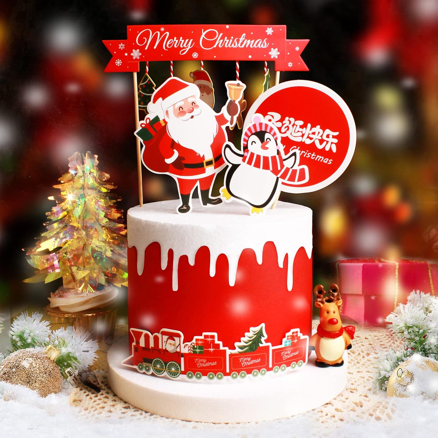 5Pcs Merry Christmas Cake Toppers Decorations Set DIY Penguin Santa Claus Christmas Cake Banner Cupcake Toppers for Winter Xmas Holiday Frozen Party Supplies image number 3