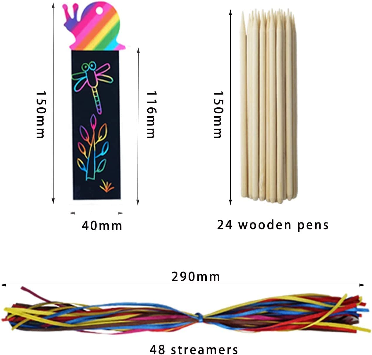 Animal Bookmarks Set for Children,48 Pieces Rainbow Bookmarks Scratch Art Bookmarks Kids Bookmark with 24 Wooden Stylus and 48 Colorful Ribbons for Kids Children Girls Party Tags image number 3