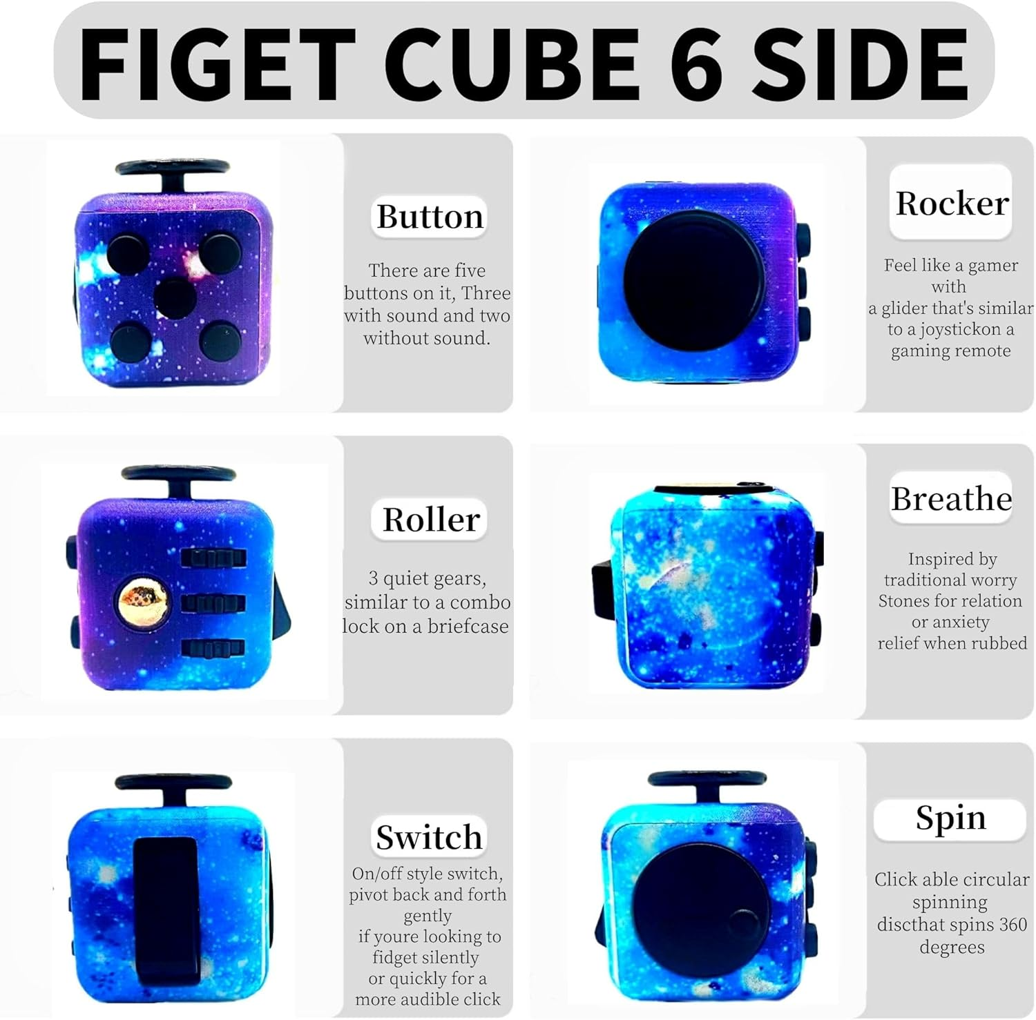 2 X Anti-Stress Cube Toy, Fidget Toy Cube, Fidget Pad Controller for Stress Relief for Nervousness for ADD, ADHD, Autism, Teenagers, Children, Adults (Galaxy) image number 5