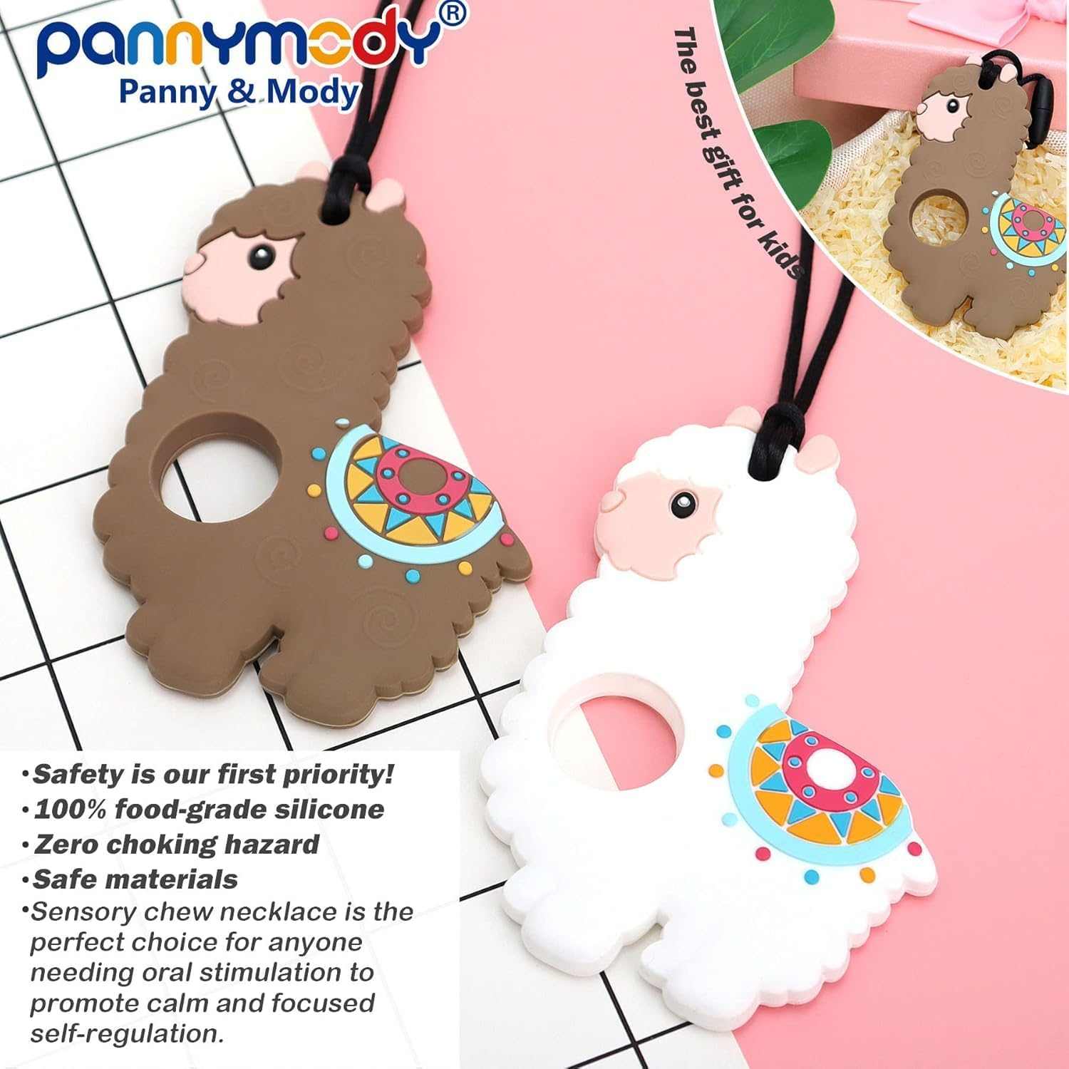 Panny & Mody Australian Local Manufacturer Sensory Chew Necklaces for Boys, Cute Silicone Animal Fox Tortoise Alpaca Pendant Necklaces(3 Pack)-Pink/Purple/Brown image number 3