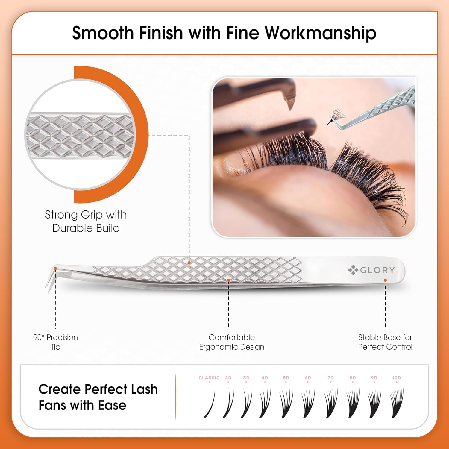 Glory 90 Degree Angle Lash Tweezers for Eyelash Extensions &ndash; Precision Fiber Tip Diamond Grip Stainless Steel Lash Tool for Mega Volume, Classic & Professional Lash Tech Supplies