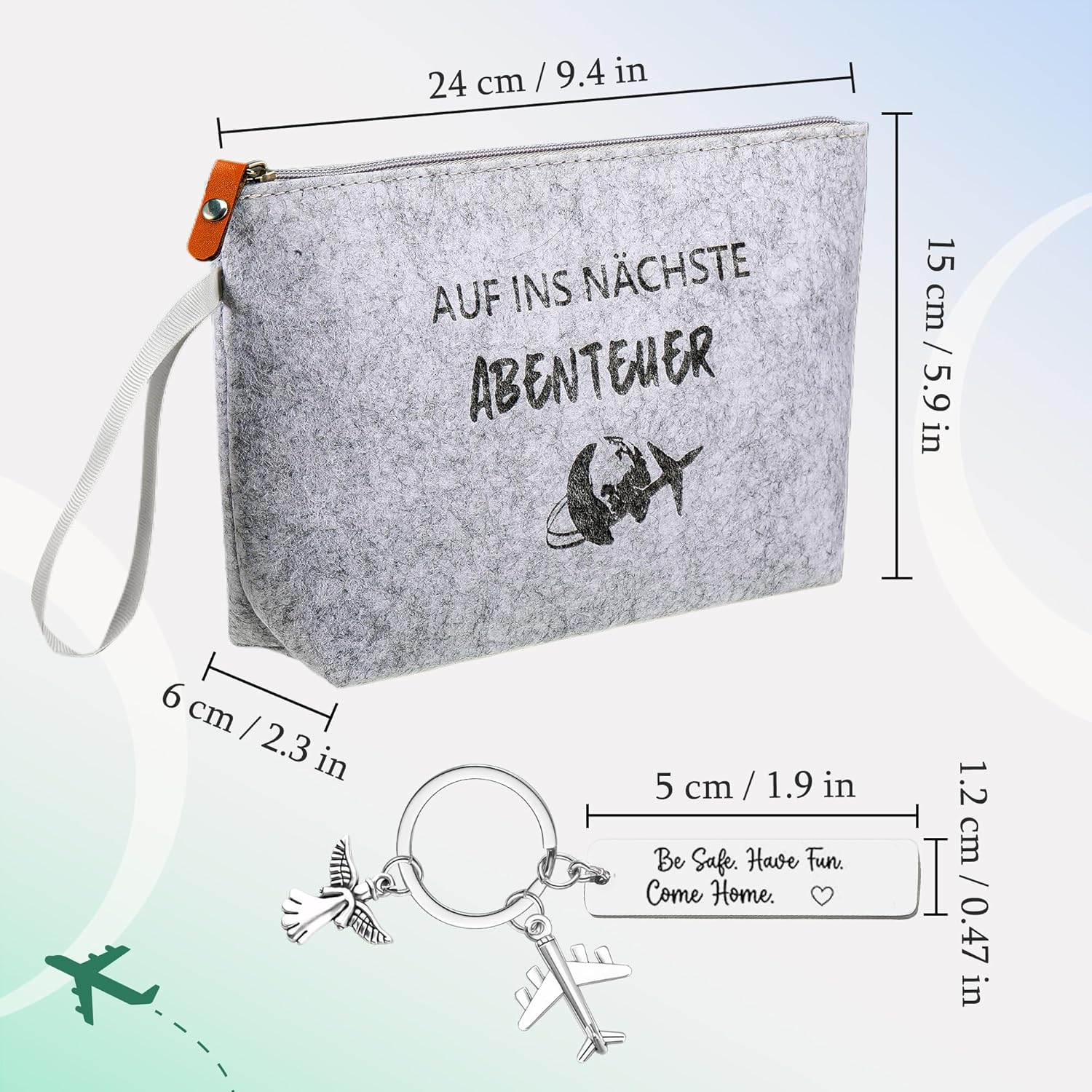 Lucky Charm Keyring Travel Felt Cosmetic Bag Abroad Year Farewell Gift Gifts for Travellers with Guardian Angel Aeroplane Pendant Lucky Charm Travel, Gray, Modern image number 1