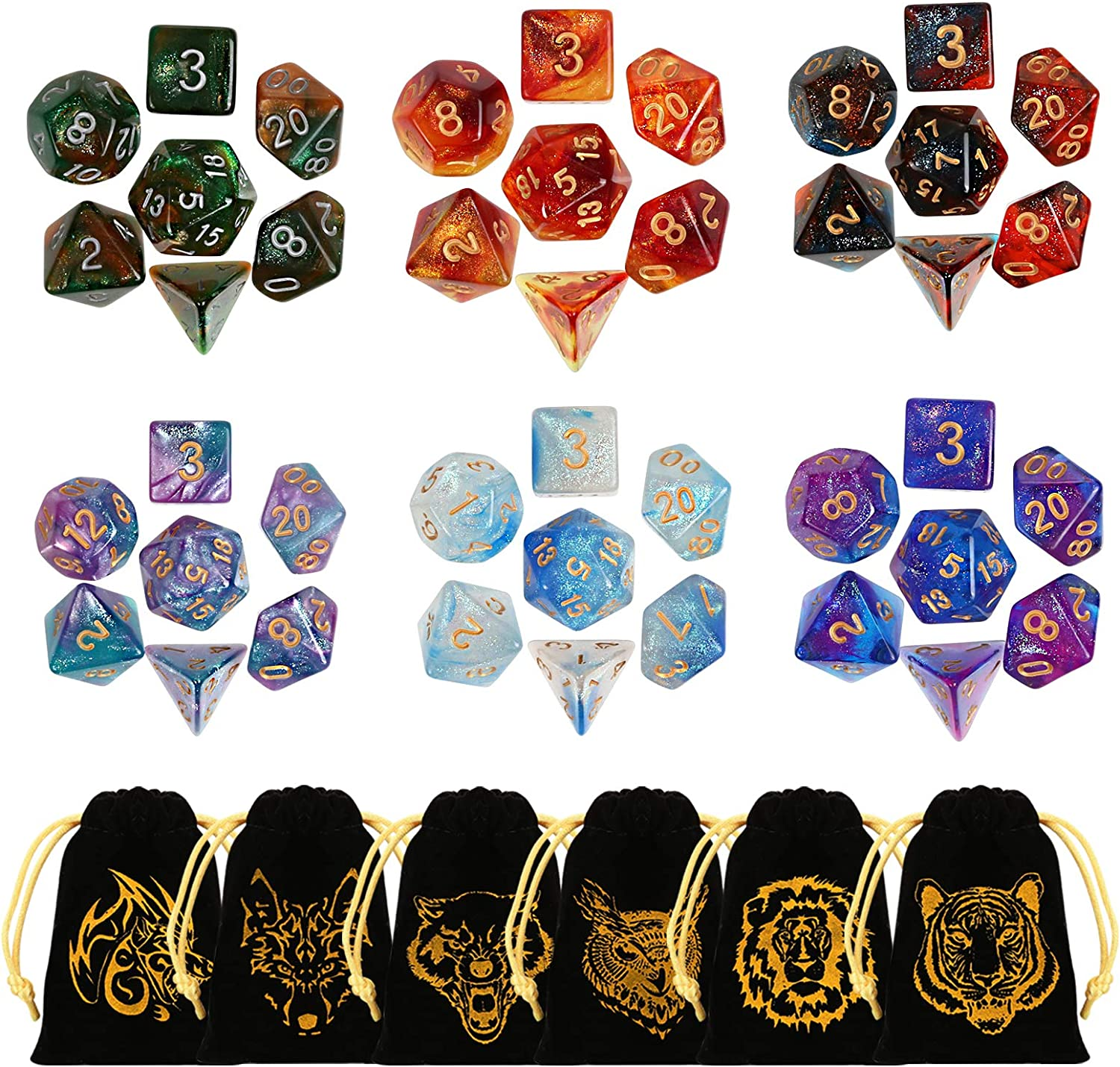 GWHOLE 42 PCS (6 Sets) Polyhedral Dice Set with Gold Pattern Drawstring Pouches for Dungeons and Dragons Table Game Dice for D&D, DND, GRP with Black Pouch, 6 Colors image number 5