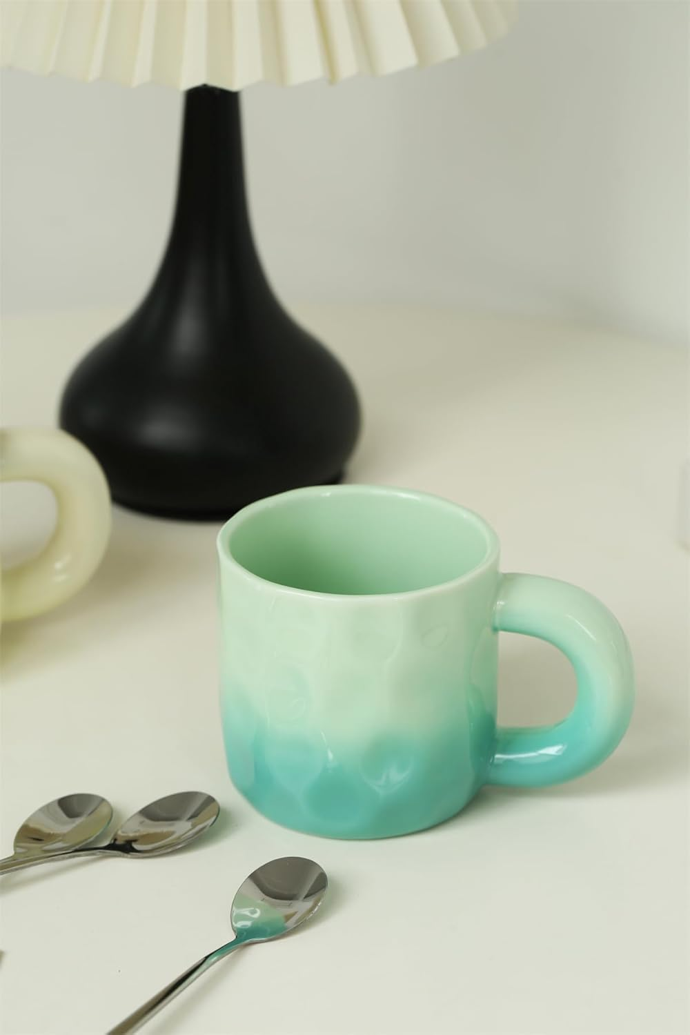 TREEWOO Creative Gradient Macaroon Color Ceramic Handmade Coffee Mug with Chubby Handle and Spoon Cute Breakfast Coffee Milk Cup for Family Friend (Green) - Purple image number 6