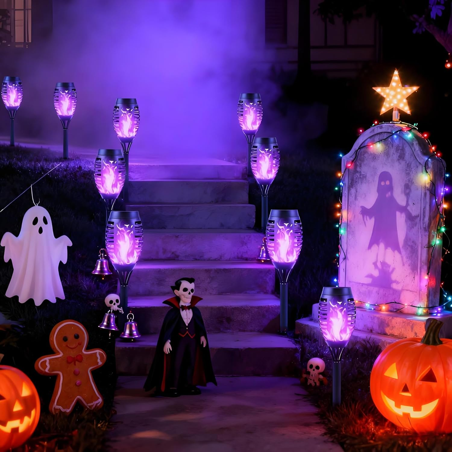 Solar Lights Outdoor Garden, 12 Pack Solar Flame Lights LED Warm Flickering Flames Waterproof Solar Torch Lights Garden Ornaments Landscape Lighting Auto On/Off for Pathway Yard Decoration(Purple) image number 4