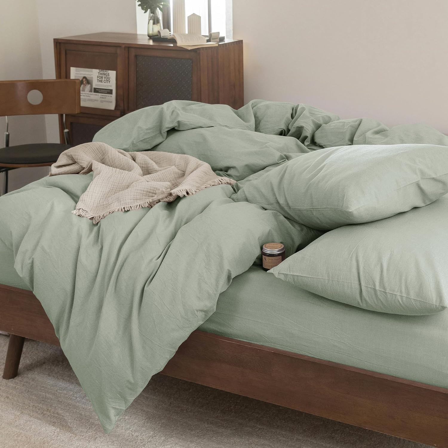 FOSSA Duvet Cover Set 100% Washed Cotton Linen Feel Super Soft Breathable Cozy 3 Pieces Bedding Sets Solid Sage Green Queen image number 2