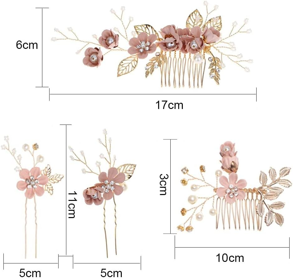 KOMUNJ Set of 4 Hair Comb Wedding Bridal Hair Accessories Wedding Hair Comb Pearl Flower Bridal Hair Accessories Rhinestone for the Bride Bridesmaid - Pink Flower image number 3