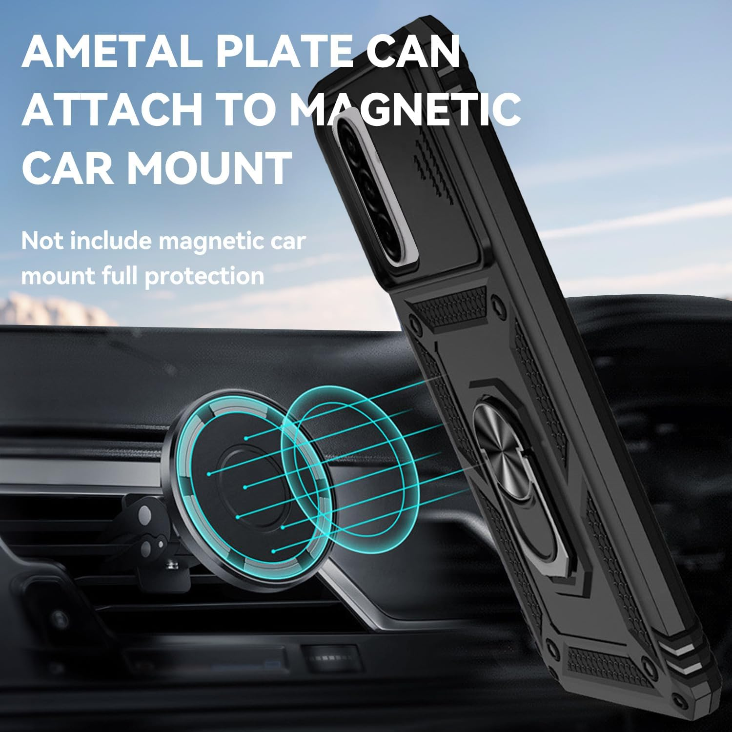 T Tersely Shockproof Case Cover for Samsung Galaxy A36/A56 5G (2025), Anti-Fall Drop Protection, Built-In Slide Anti-Scratch Camera Lens Cover, Integrated 360 Degree Rotating Ring Kickstand, Black image number 2