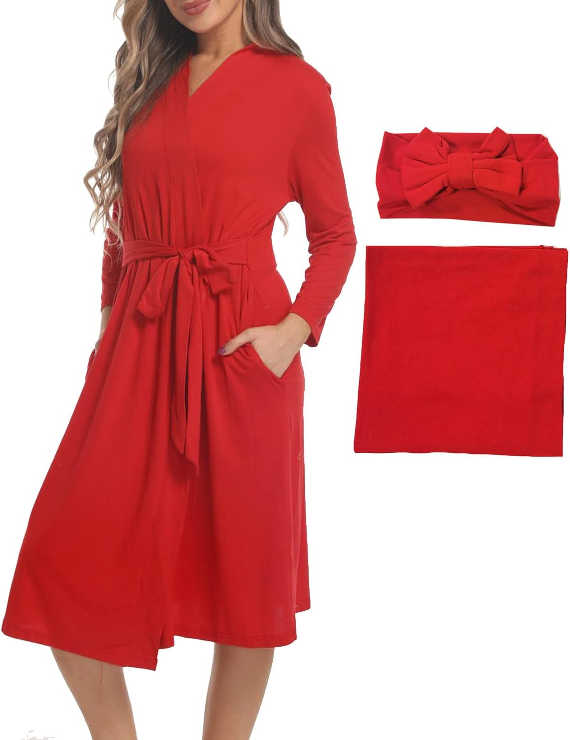 SUFEINI Maternity Robe with Matching Swaddle Blanket Set, Maternity Mommy Bathrobe Postpartum Robe Labor Gown