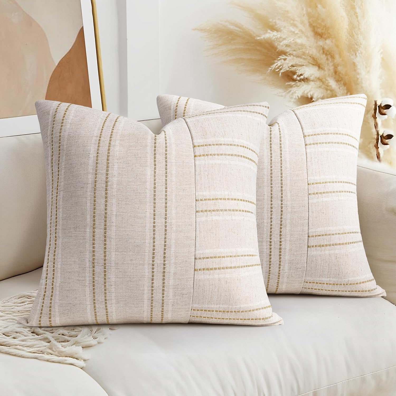 AELS 18X18 Decorative Farmhouse Linen Throw Pillow Covers, Boho Textured Pillow Case, Set of 2, Beige with White & Black Stripe Patchwork Cushion Cover for Sofa Couch Living Room (Cover ONLY)