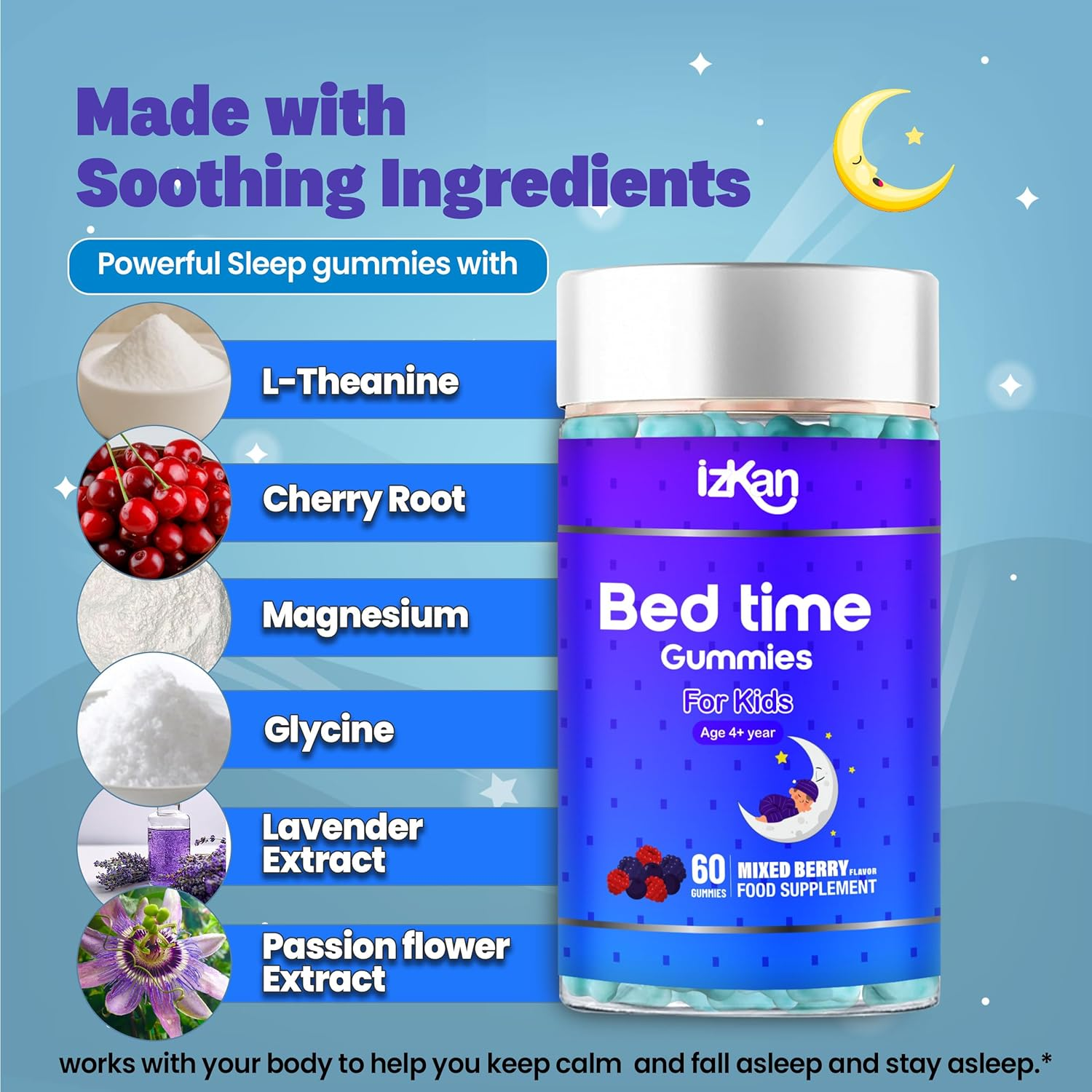 Bed Time Gummies for Kids with Magnesium Lemon Balm Chamomile Extract Glycine Chewable Sleep Supplement |Restful Sleep| |Calm Mood| Vegan 60 Gummies |Berries Flavour| (60 Gummies, Mixed Berry) image number 2