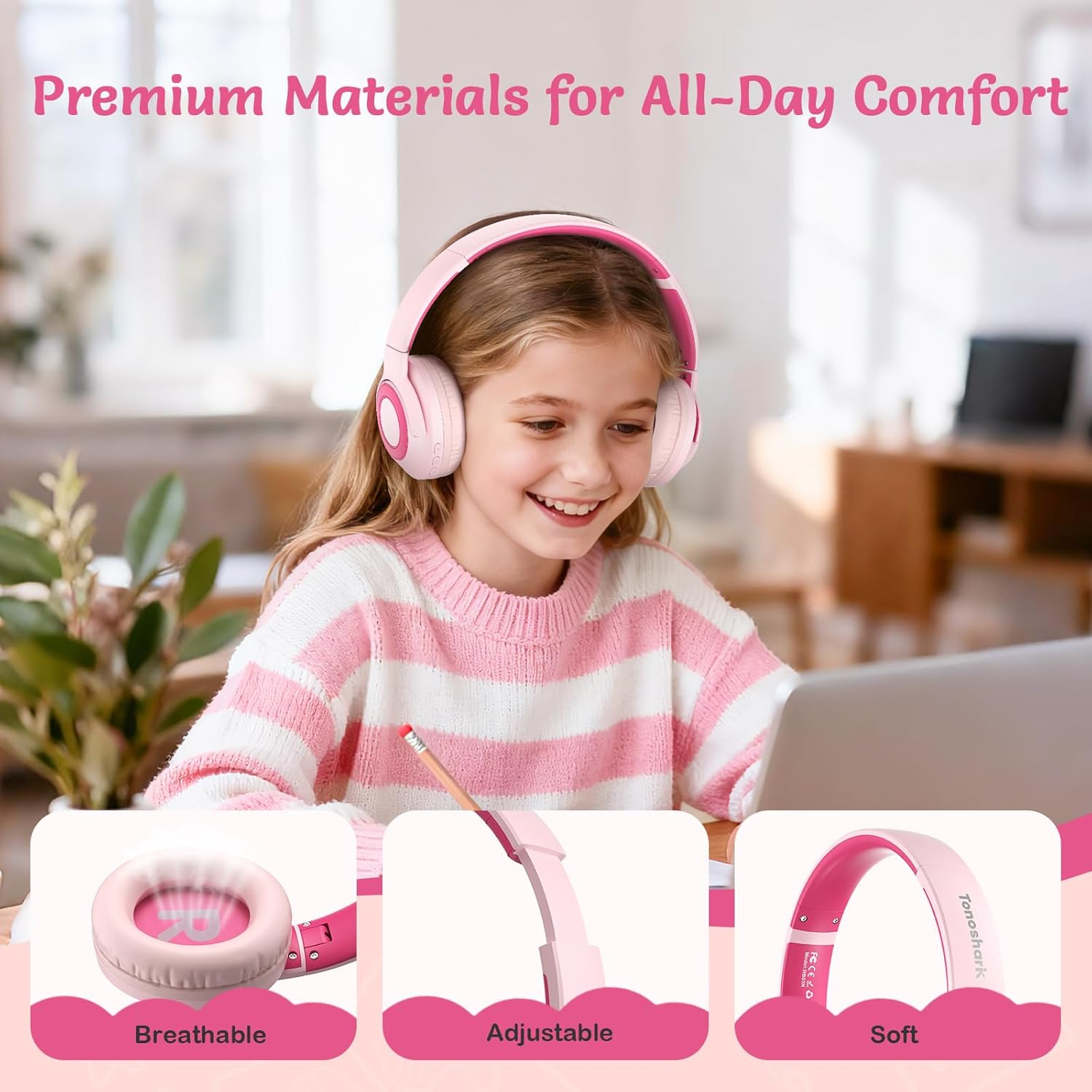 TONOSHARK Kids Headphones Wireless Lightweight, Active Noise Cancelling Headphones for Kids, 60H Playtime, Bluetooth Over-Ear Headset for Home/School/Travel - Includes Portable Case (Pink) image number 3