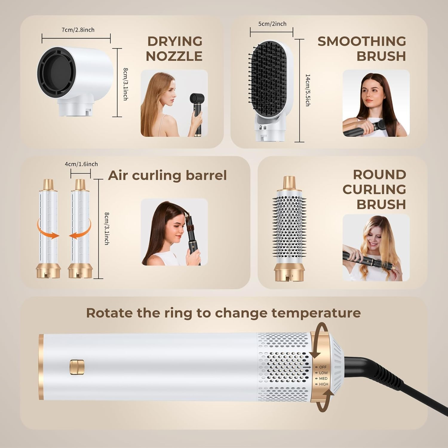5 in 1 Blow Dryer Brush Set, Upgrade Hair Dryer Brush Air Curler Set, Detachable Hot Air Brush Curling Brush Iron, Negative Ion Air Curling Wrap Styler, Hair Styling Tools for Drying Curling Straightening (White Gold) image number 1