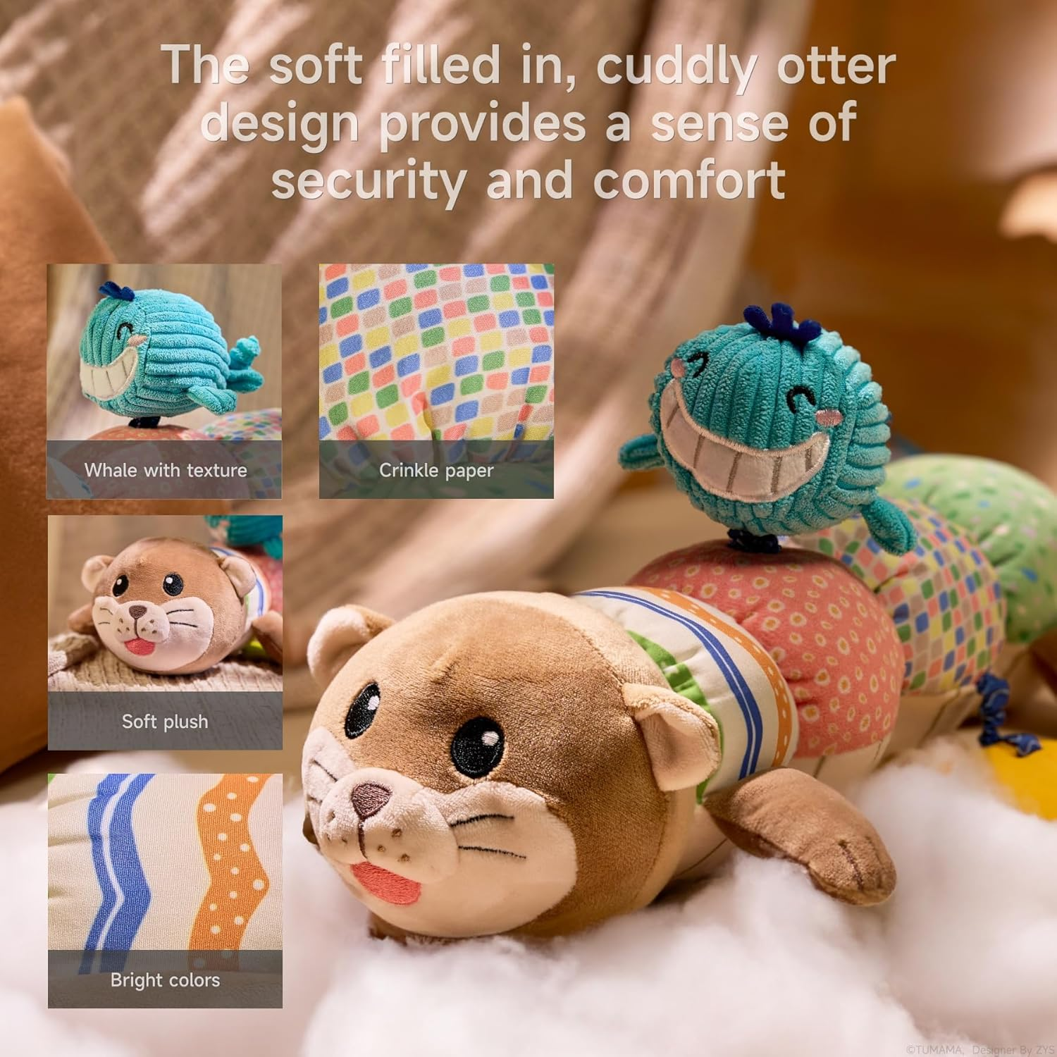TUMAMA Baby Toys 0-6 Months - Tummy Time Musical Plush Otter Toy with Crinkle Paper Rattle Soft Activity Sensory Toy for 3 4 5 6 12 Months Old Boys and Girls