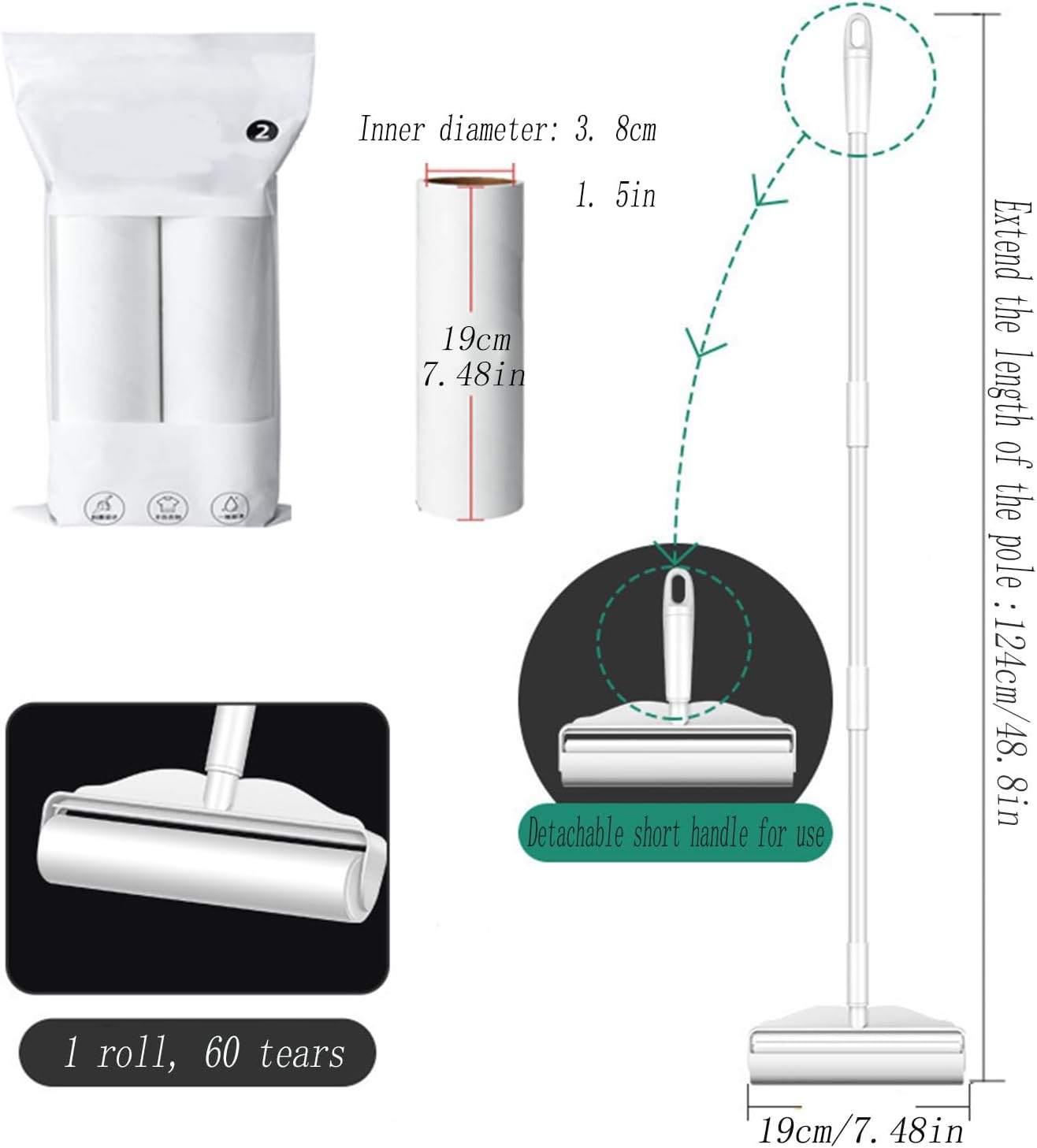 Long Handle Hair Removal Roller Brush, Sticky Large Lint Roller for Pet Hair Remover, Extendable Handle Sticky Mop, Extra Sticky Replacement for Floor Carpets, Sofa, Cars, Curtains, Clothes image number 5